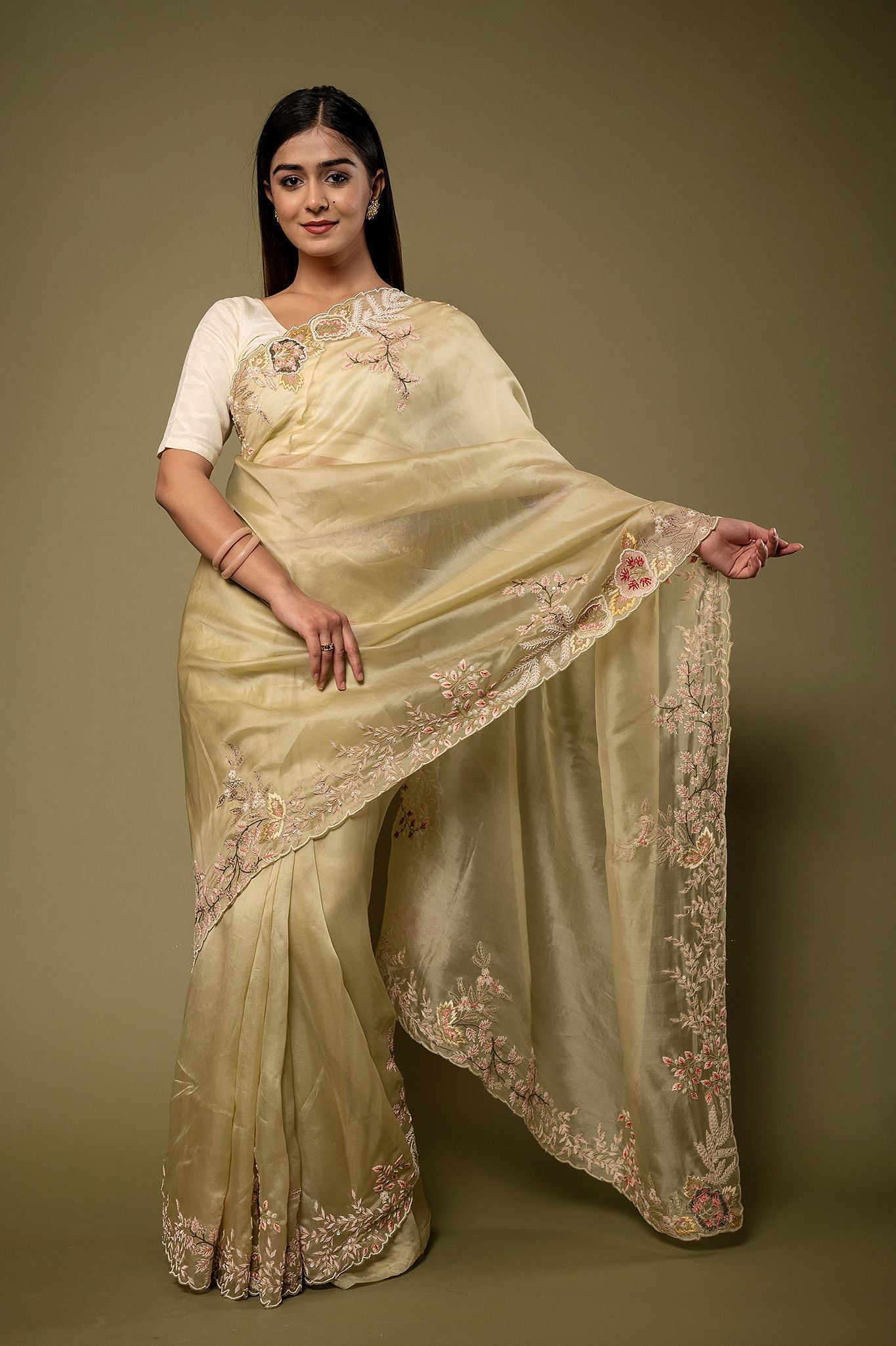 Olive green organza Resham French Knot Dabka border butti handwork saree