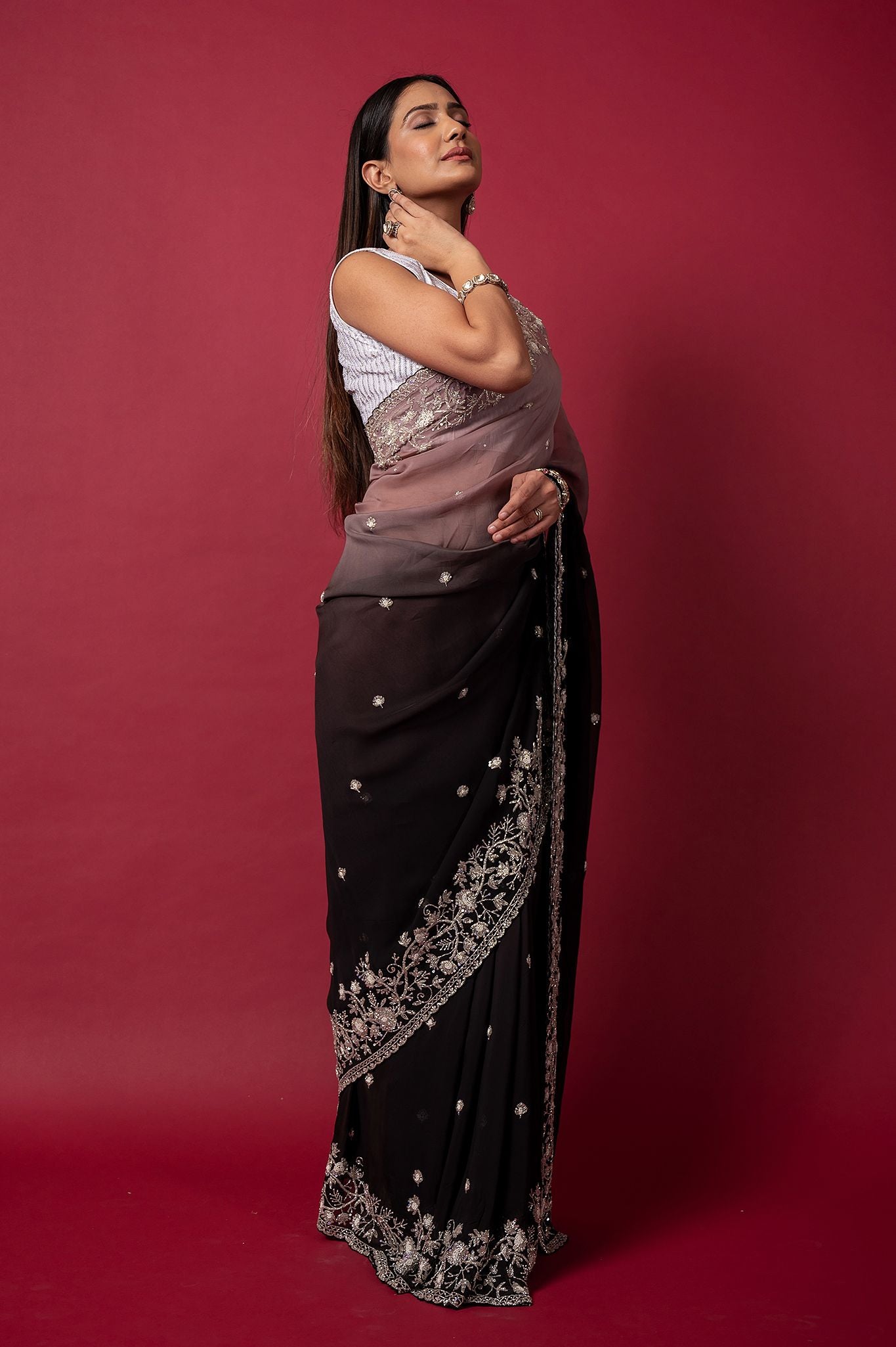 black grey organza pearl sequins kardana handwork saree
