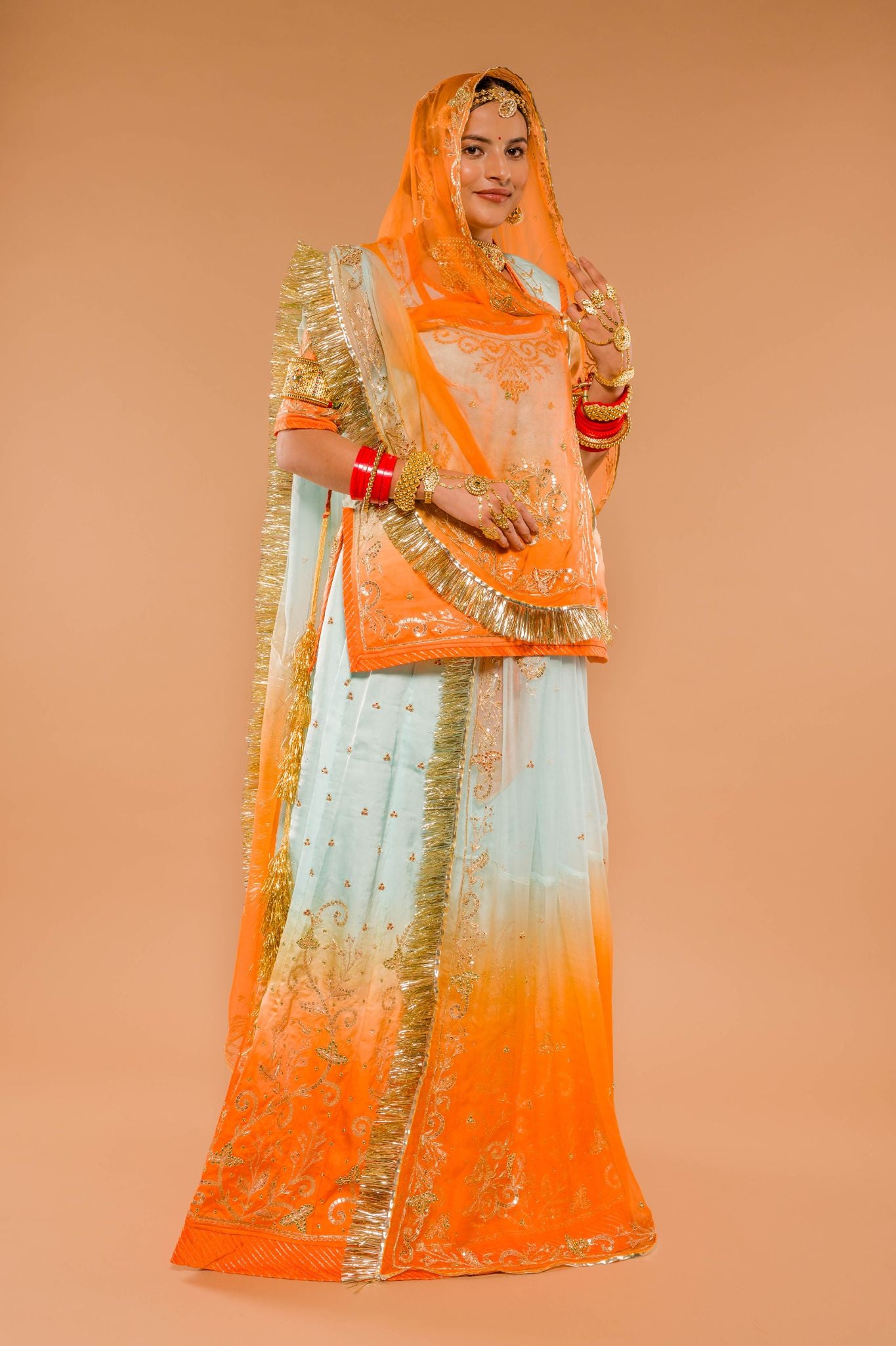 Orange sky blue bamber satin Zardozi handwork poshak with pure odhna