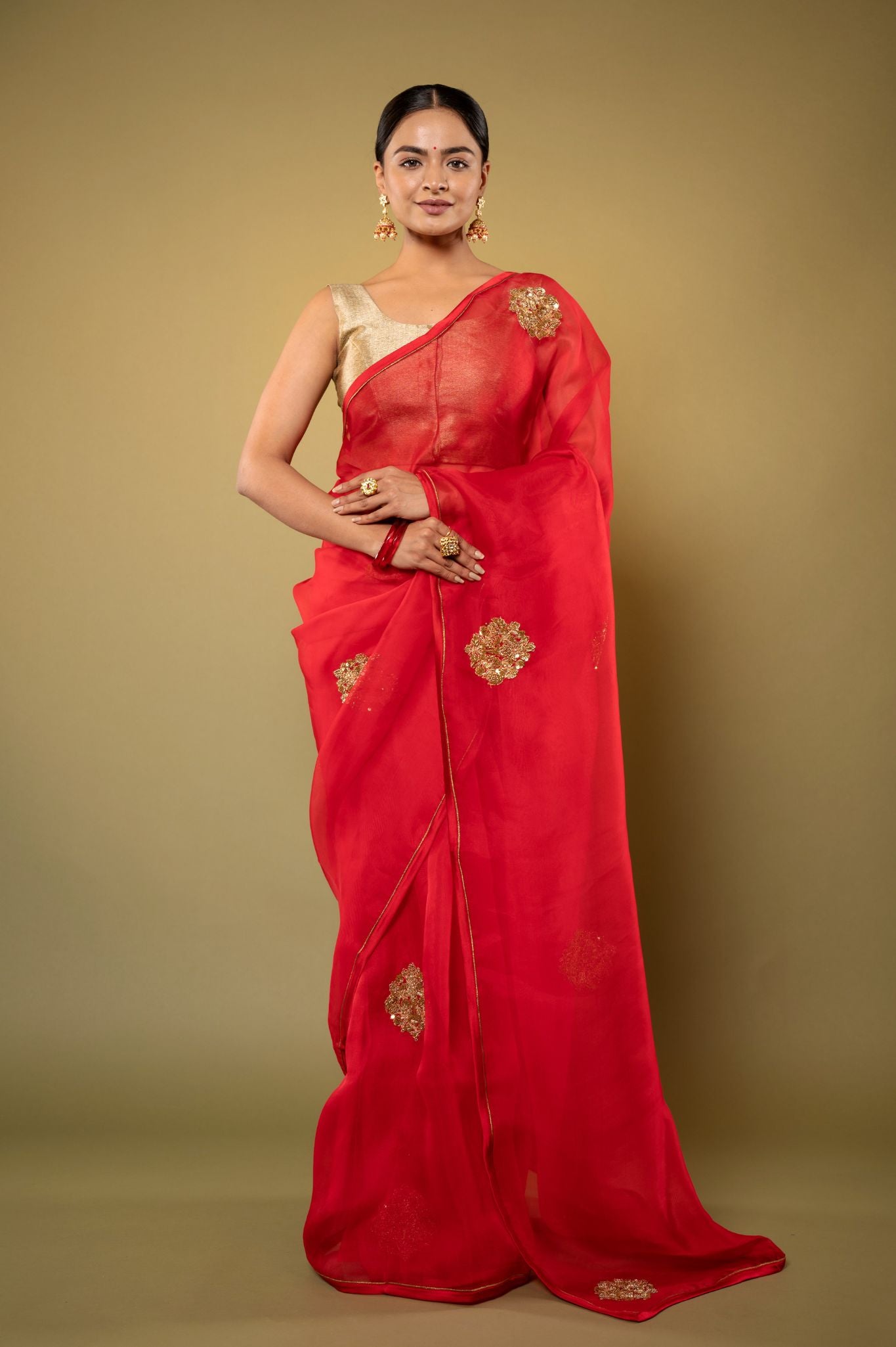 Red pure organza zardozi motif handwork saree