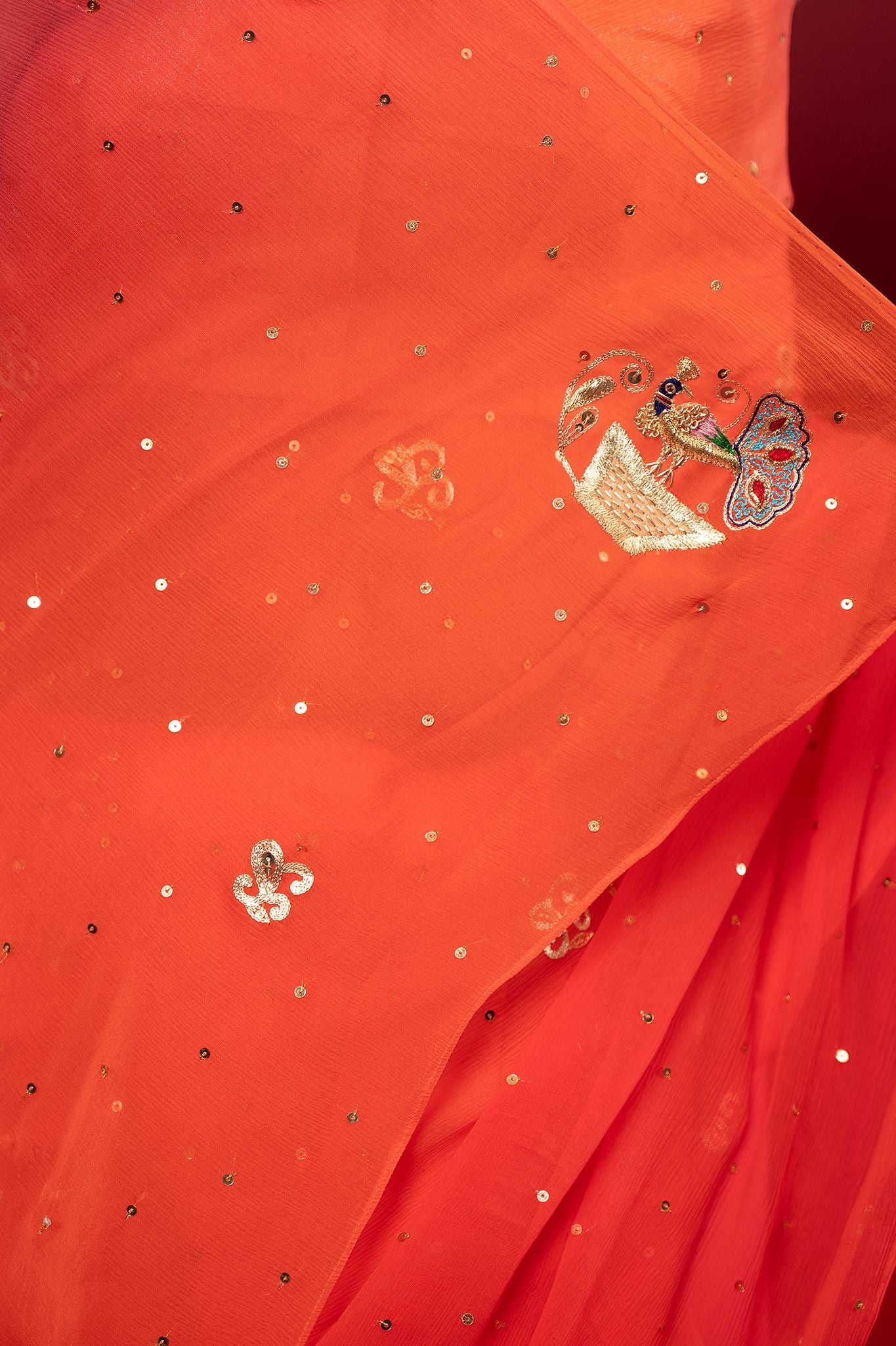 peach pink pure chiffon Aari zardozi resham motif handwork saree