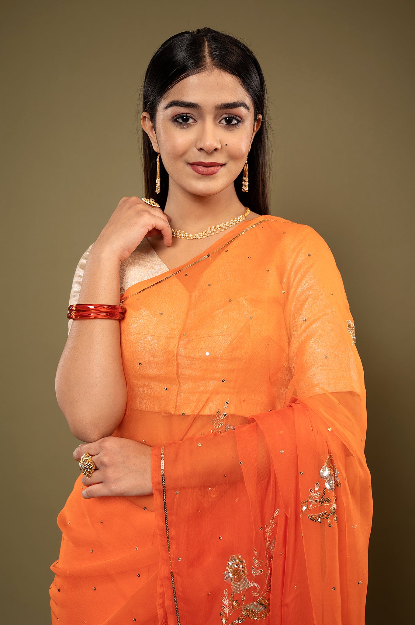 Orange light dark viscose chiffon aari sequins handwork casual wear saree