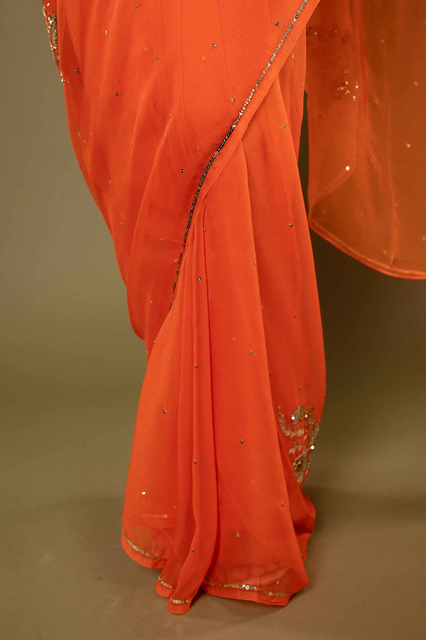 Orange light dark viscose chiffon aari sequins handwork casual wear saree
