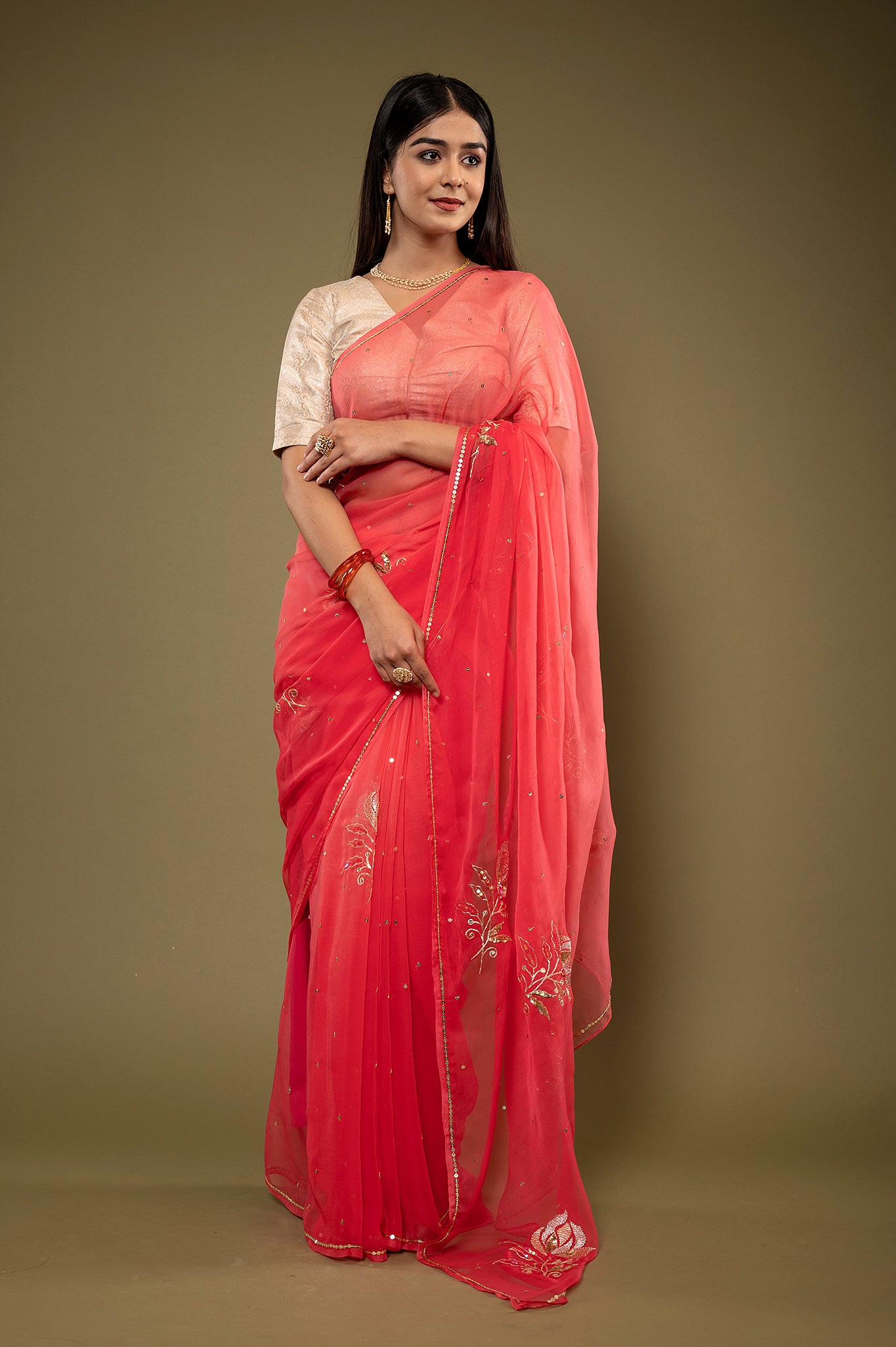 Gajri viscose chiffon aari sequins motifs handwork casual wear saree