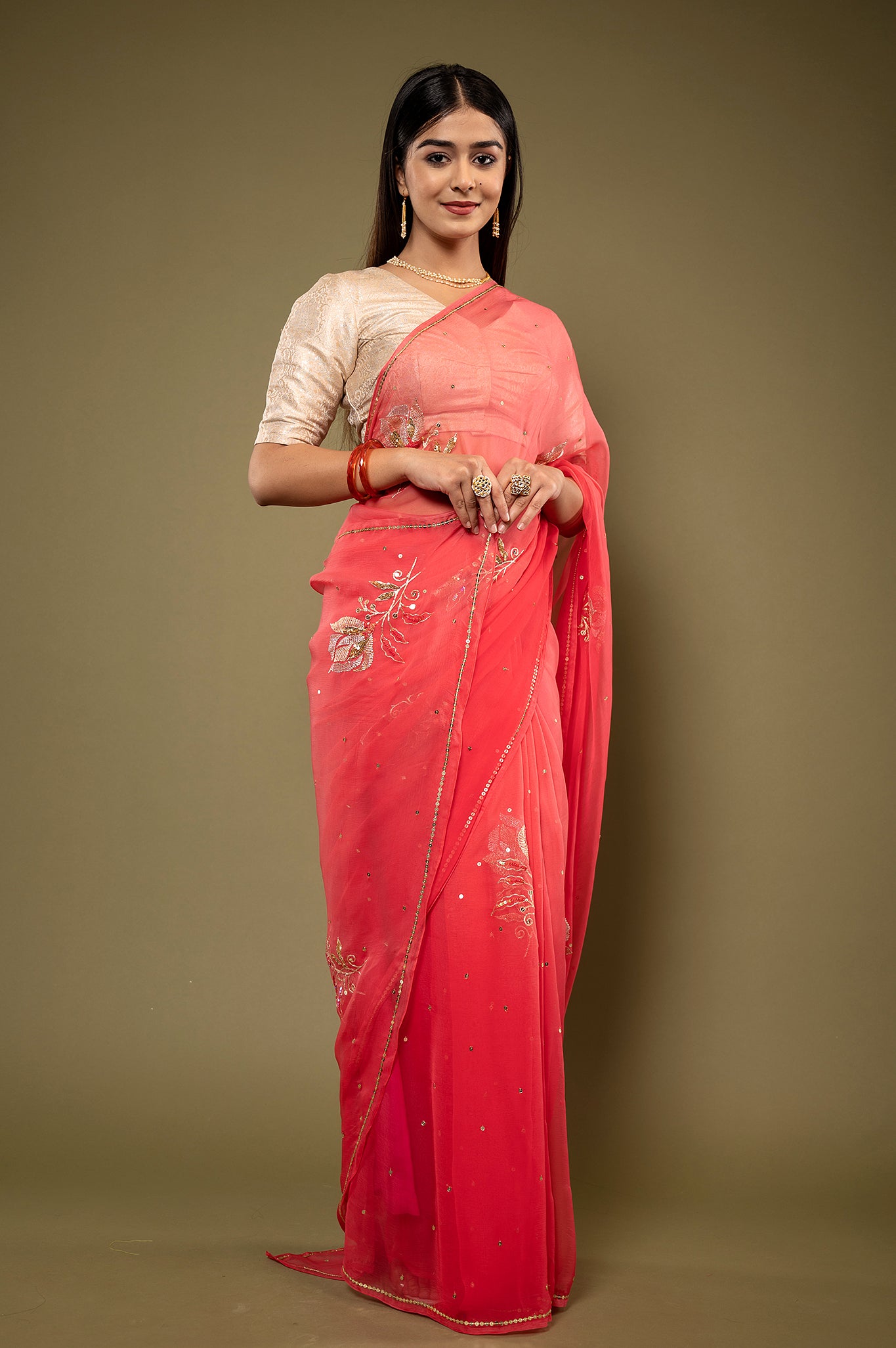 Gajri viscose chiffon aari sequins motifs handwork casual wear saree