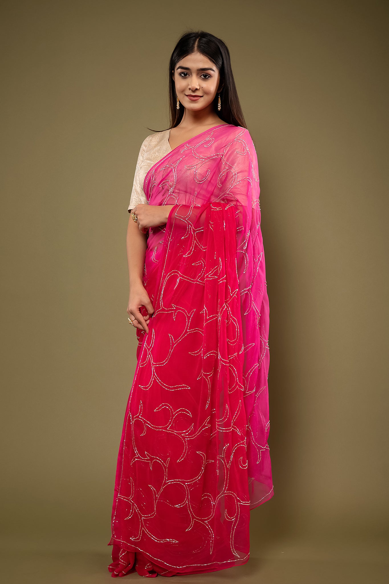 Rani viscose chiffon kardana jaal handwork casual wear saree