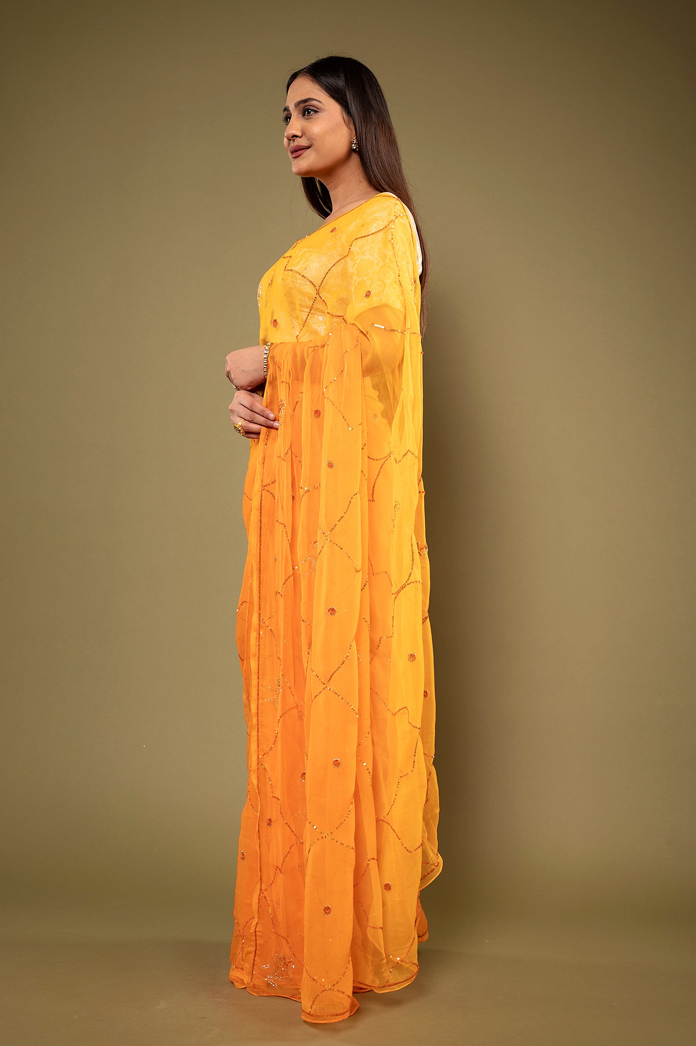 Orange light dark viscose chiffon sequins handwork casual wear saree