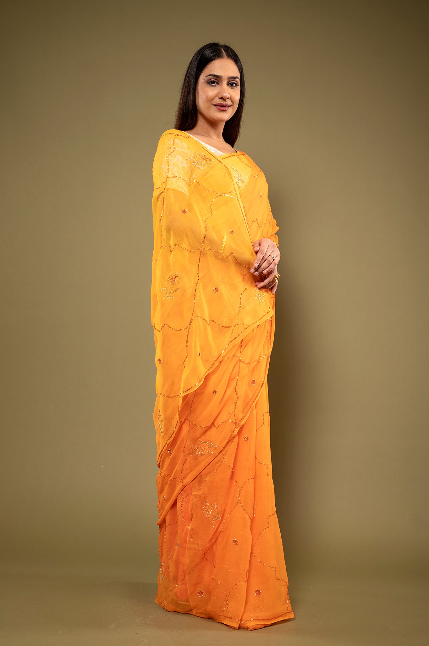 Orange light dark viscose chiffon sequins handwork casual wear saree