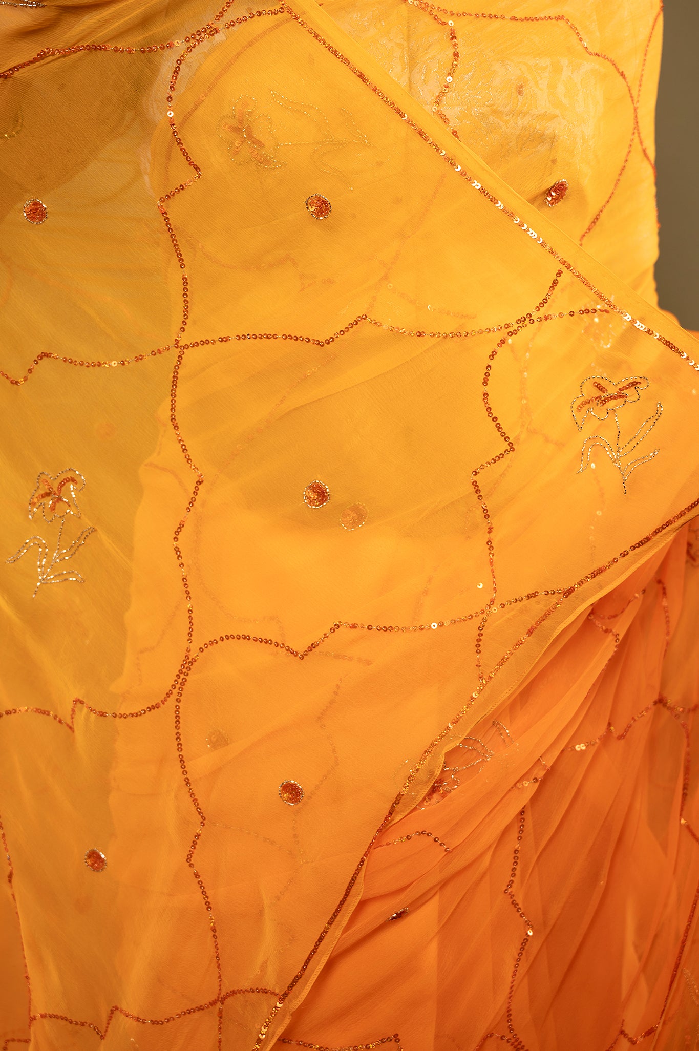 Orange light dark viscose chiffon sequins handwork casual wear saree