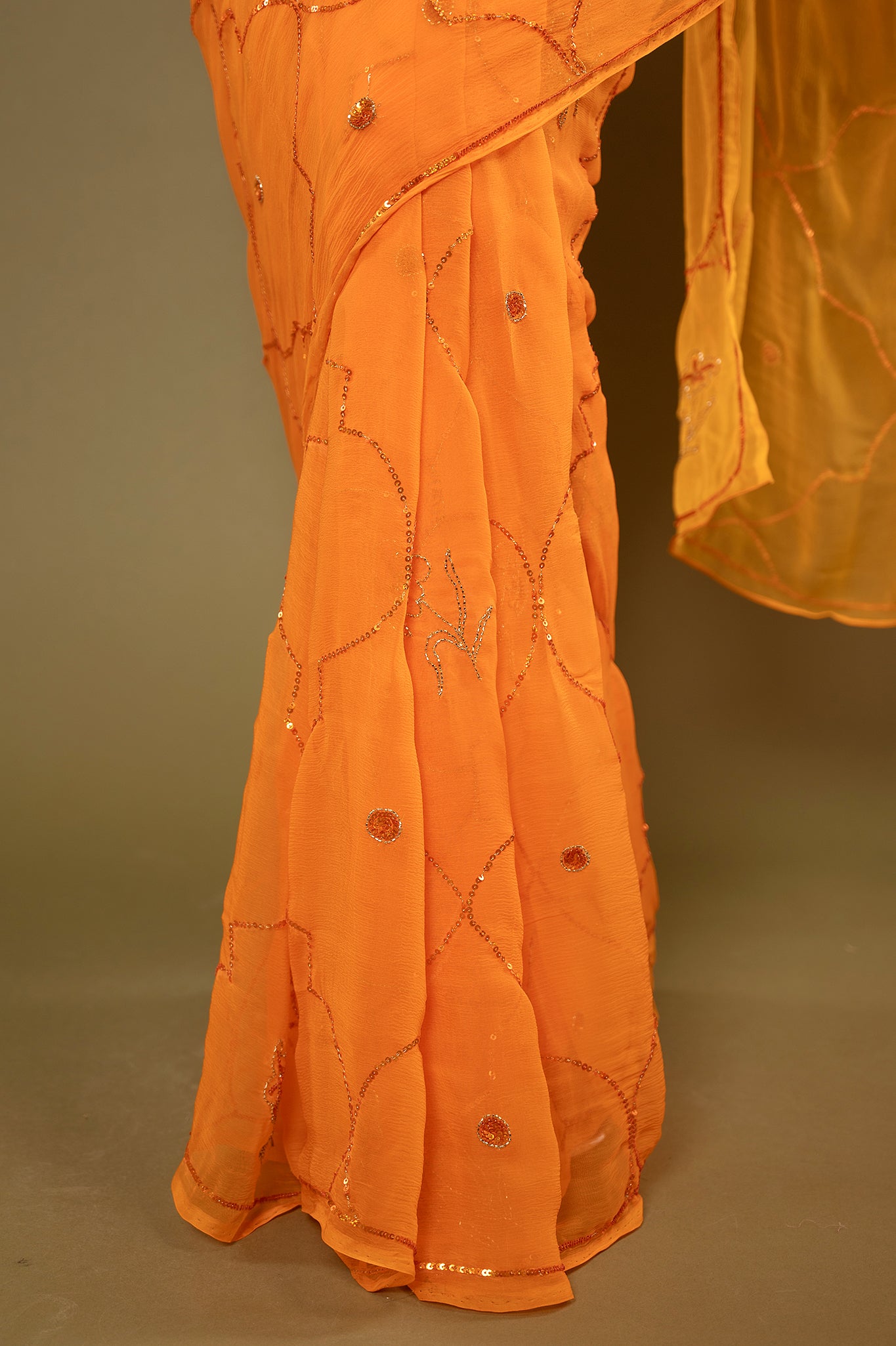 Orange light dark viscose chiffon sequins handwork casual wear saree