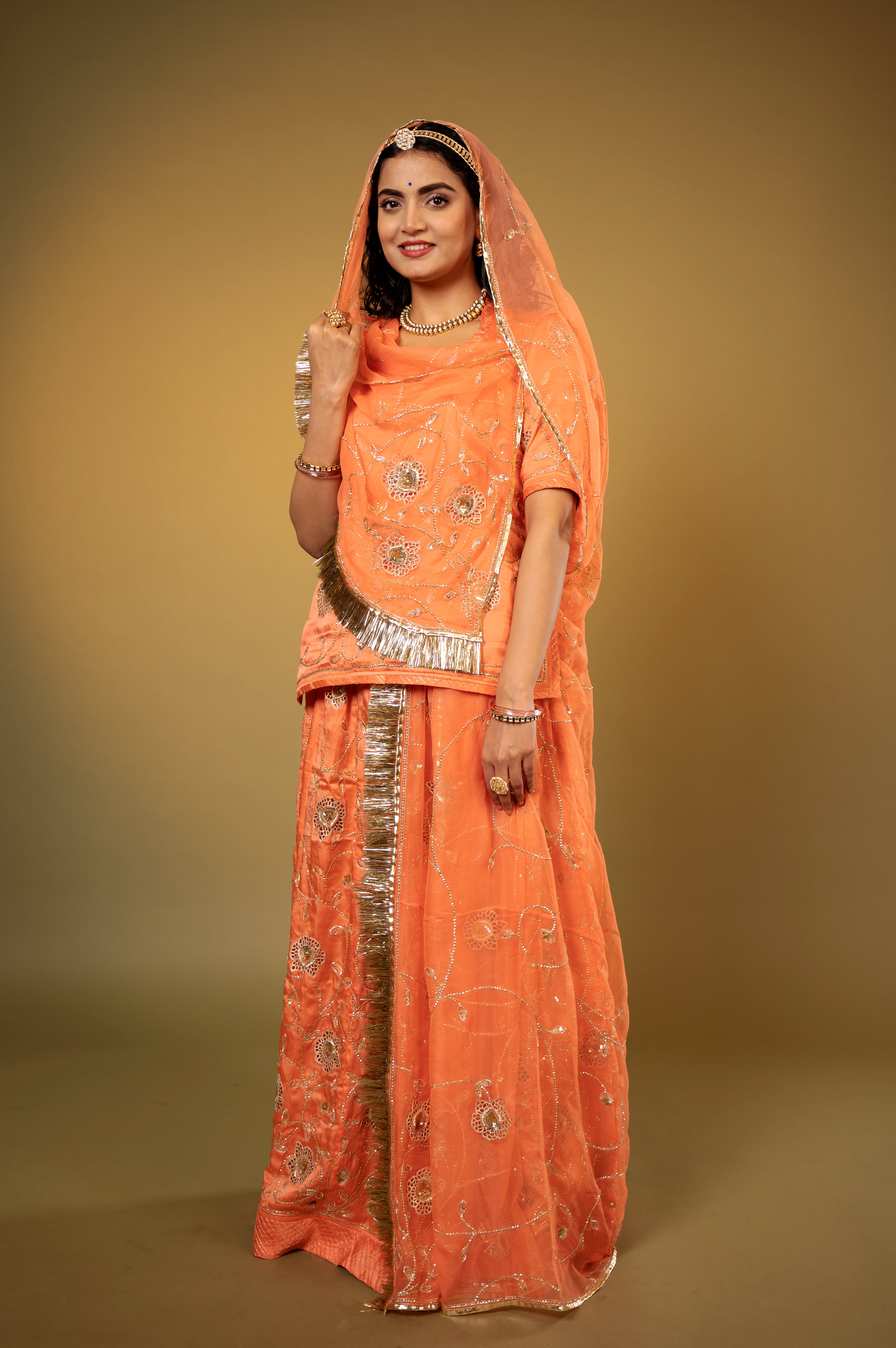 peach bamber satin aari katori cur work handwork Rajputi Poshak with Pure odhna