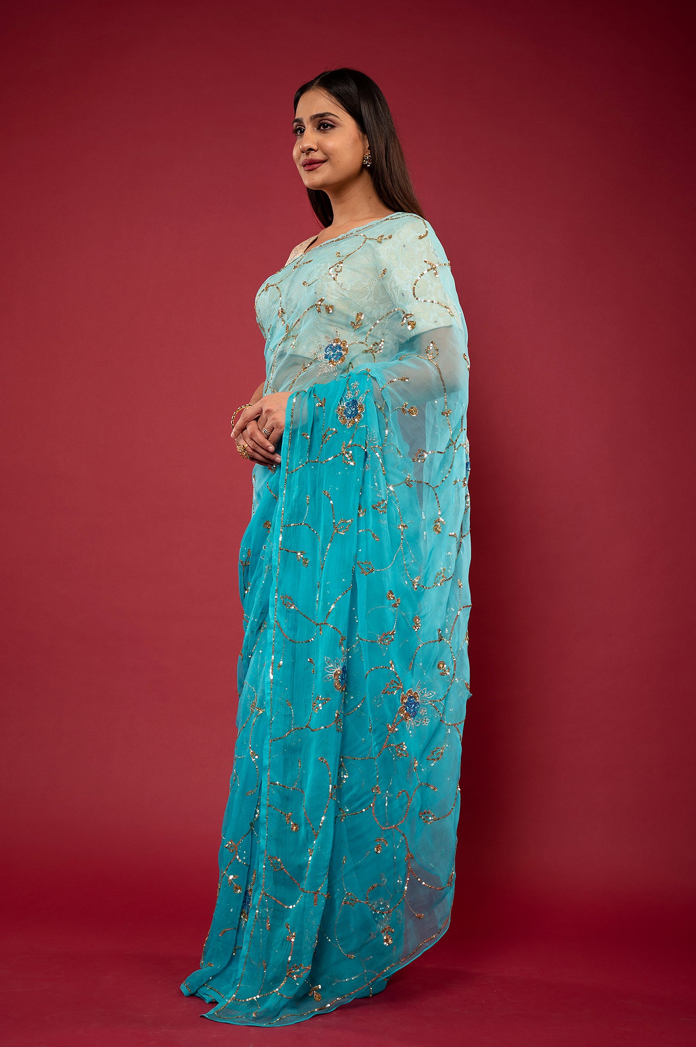 Sky Blue light dark viscose chiffon aari sequins jaal handwork party wear saree