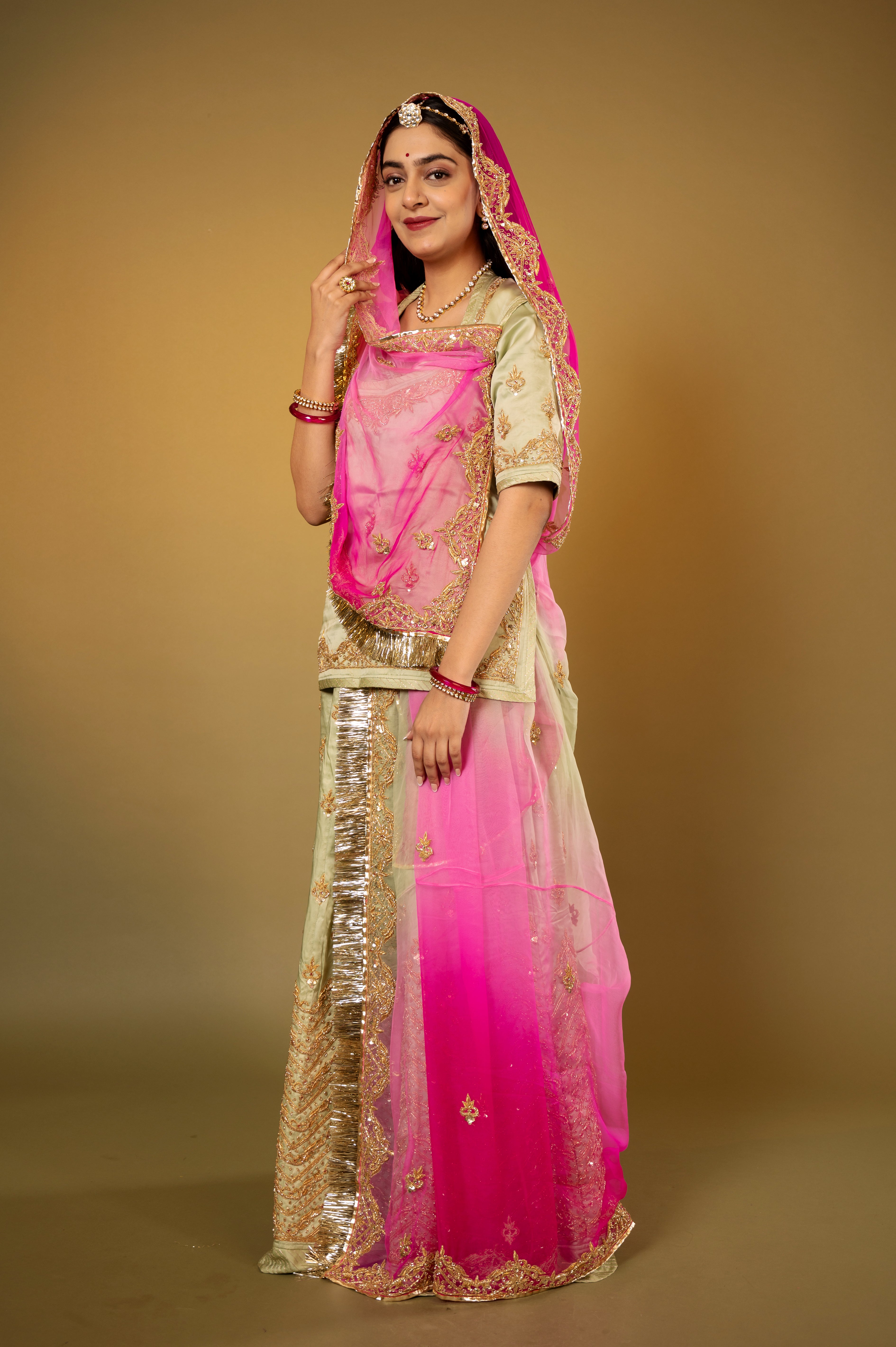 Olive green bamber satin zardozi handwork Rajputi Poshak with Pure odhna