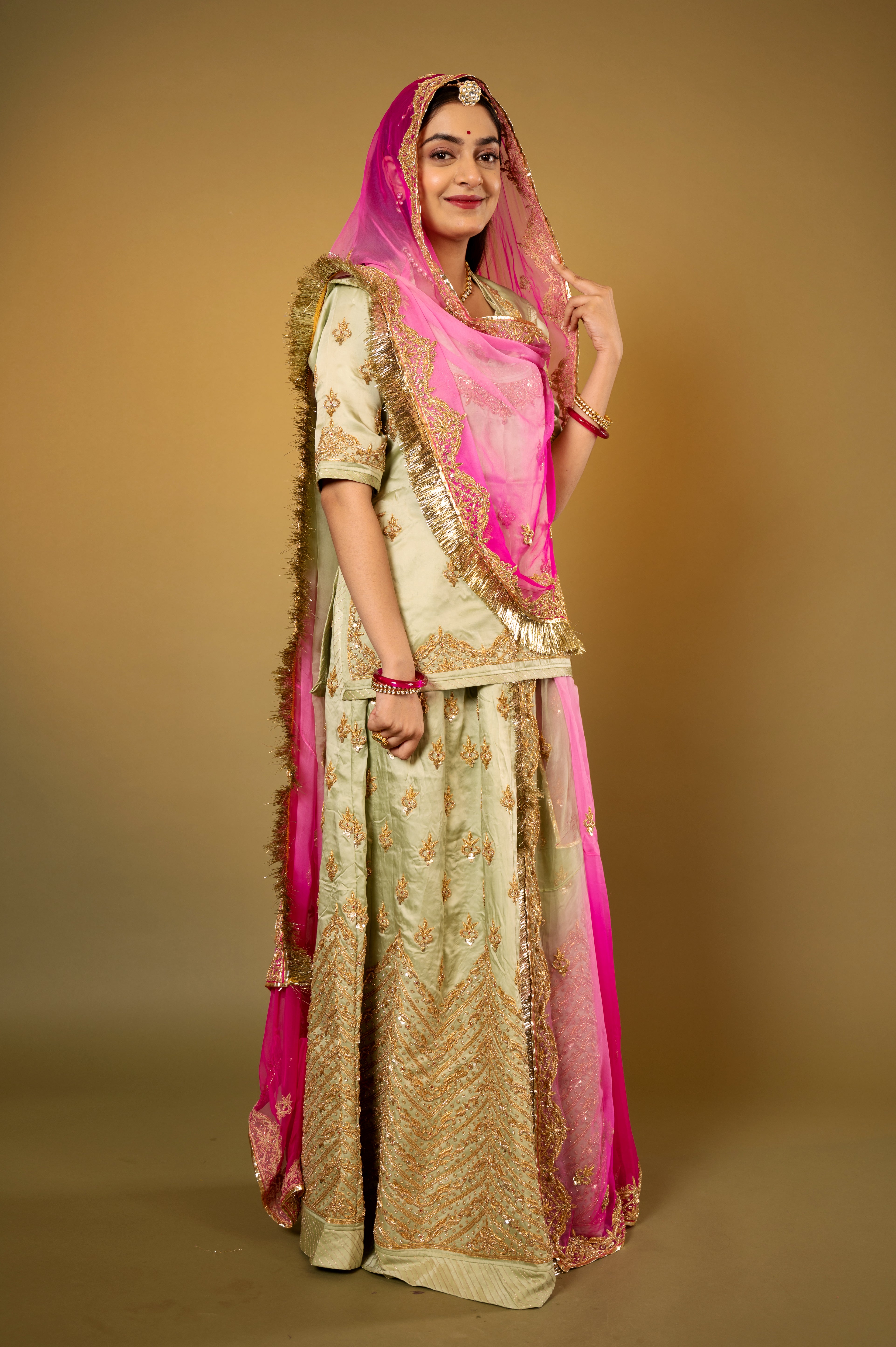 Olive green bamber satin zardozi handwork Rajputi Poshak with Pure odhna