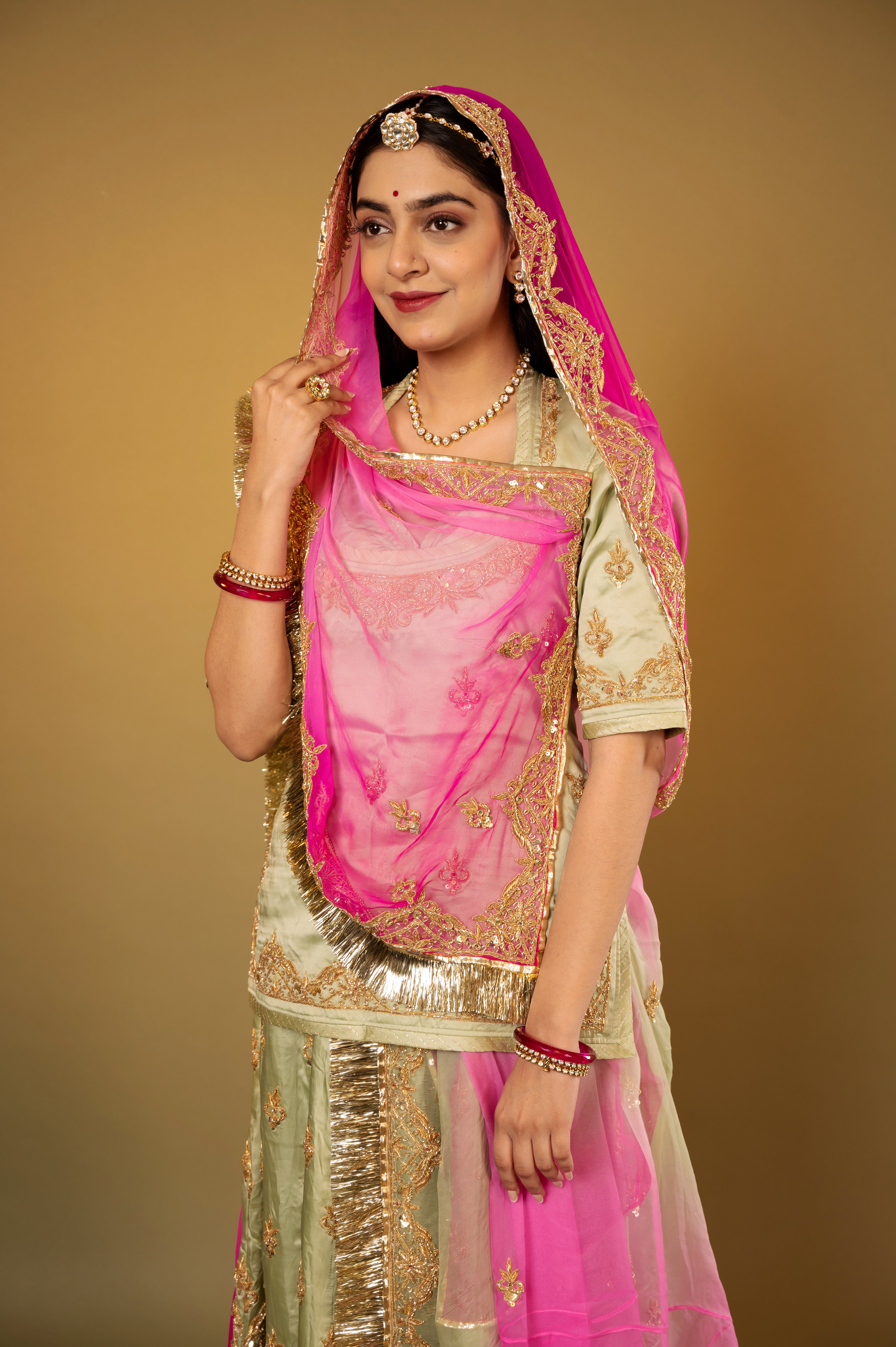 Olive green bamber satin zardozi handwork Rajputi Poshak with Pure odhna