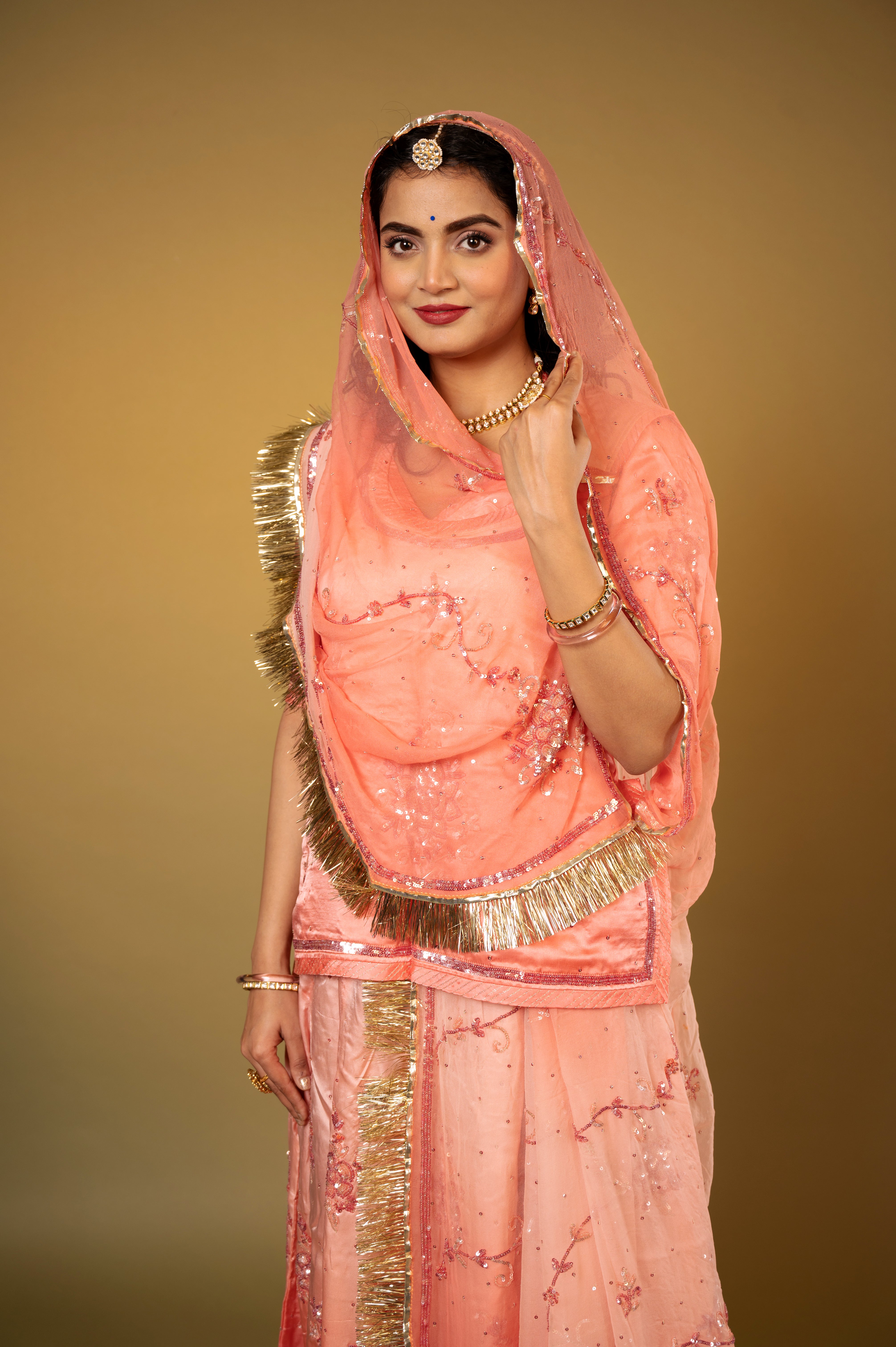 peach light dark bamber satin sequins handwork Rajputi Poshak with Pure odhna
