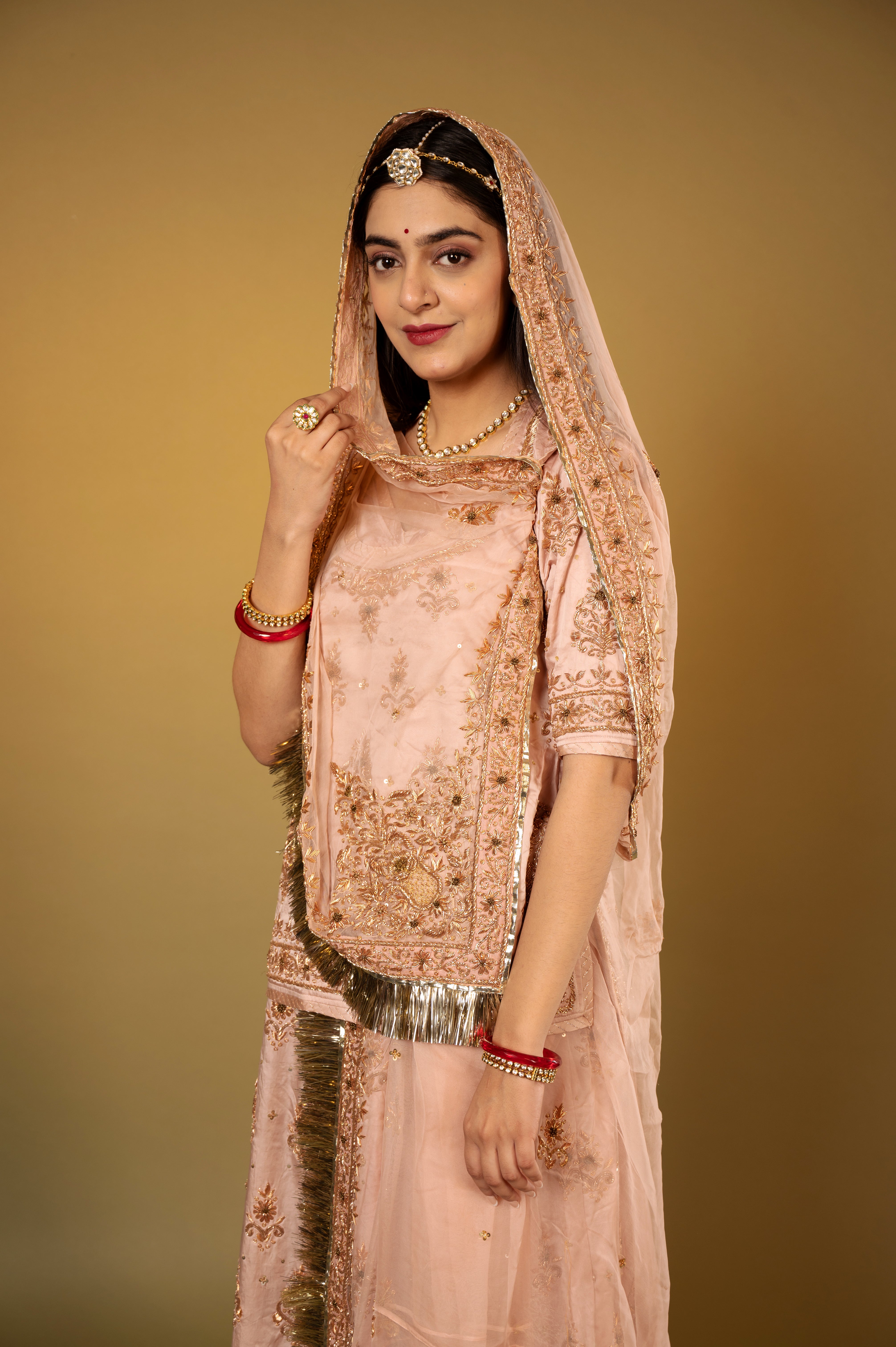 blush pink Pure Silk Satin zardozi handwork Rajputi Poshak with Pure odhna
