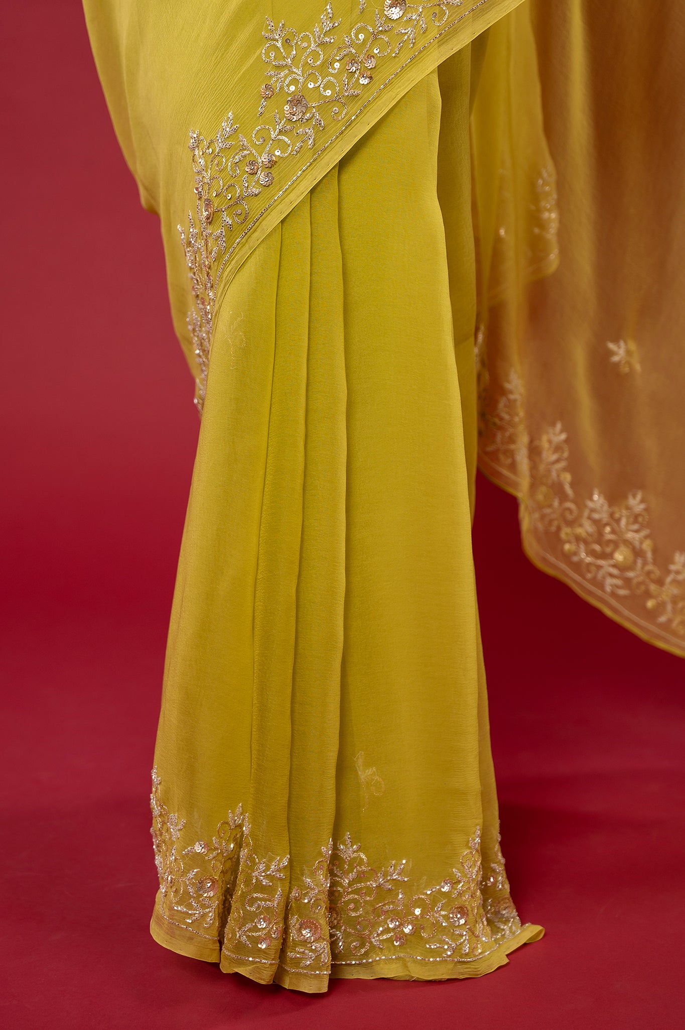 Olive green Viscose chiffon aari sequins kardana border butti handwork casual wear saree