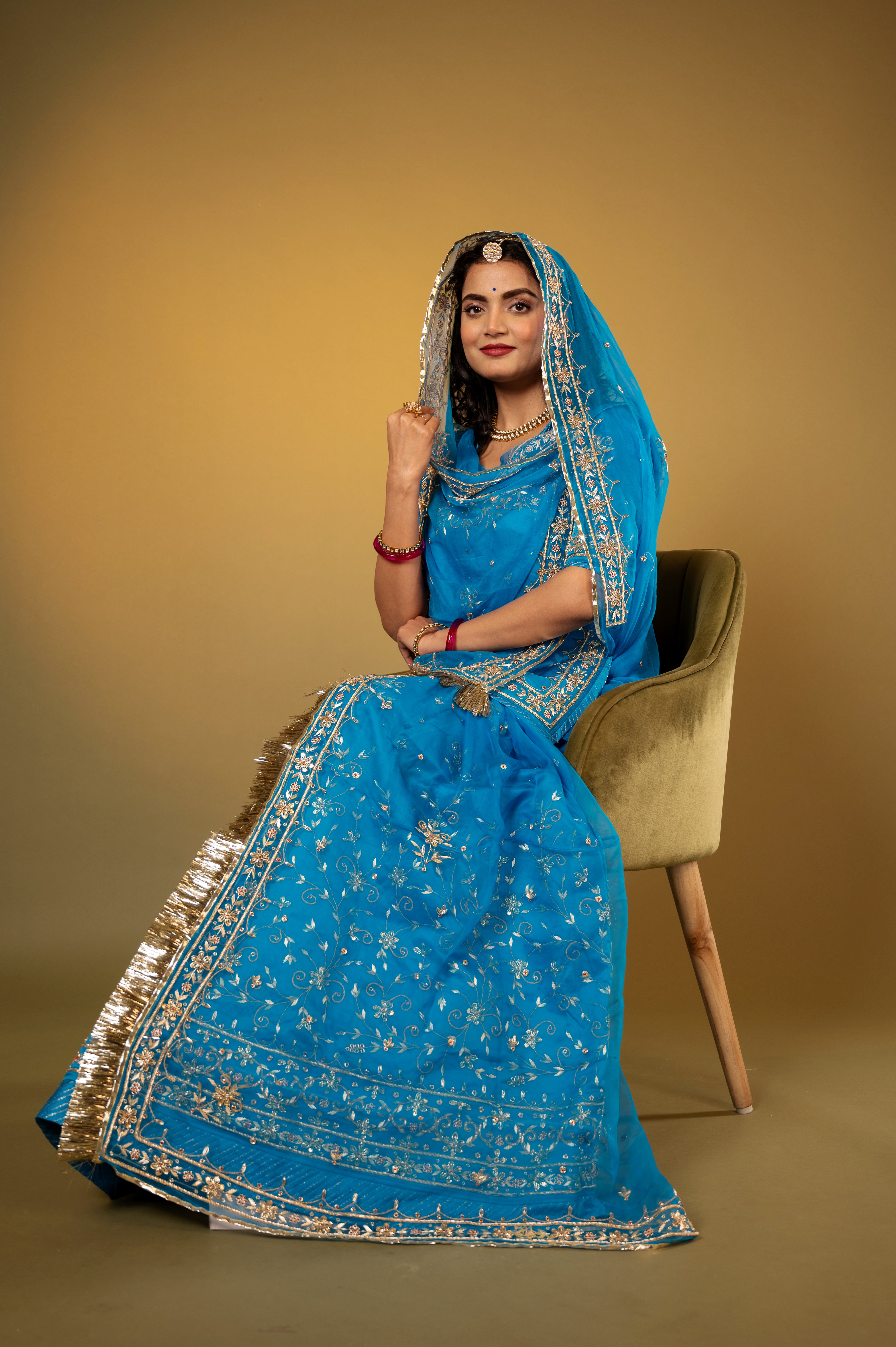 blue bamber satin zardozi handwork Rajputi Poshak with Pure odhna