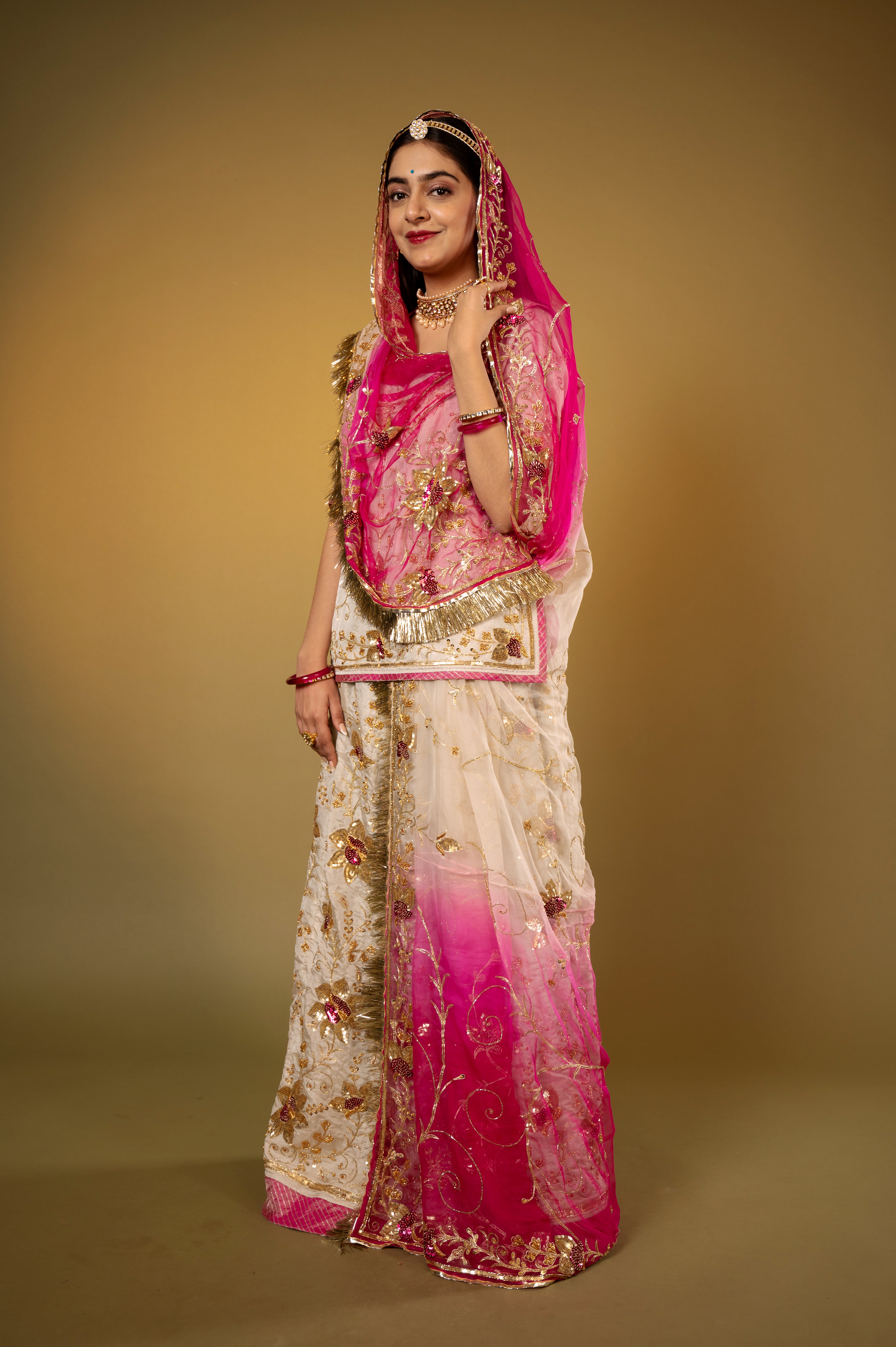 Ivory Pure Tissue Zardozi Sequins Jaal handwork Rajputi Poshak with Pure odhna