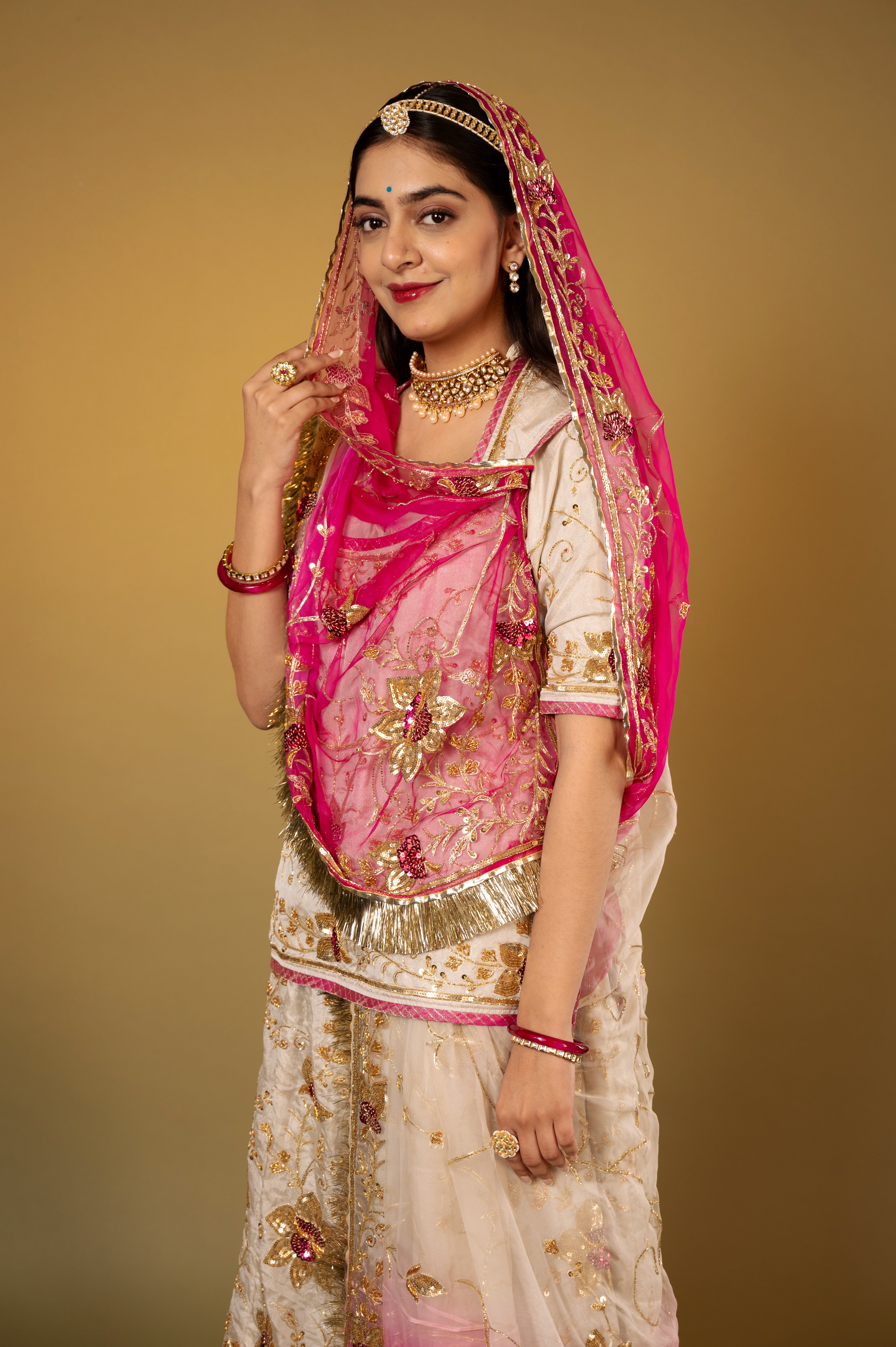 Ivory Pure Tissue Zardozi Sequins Jaal handwork Rajputi Poshak with Pure odhna