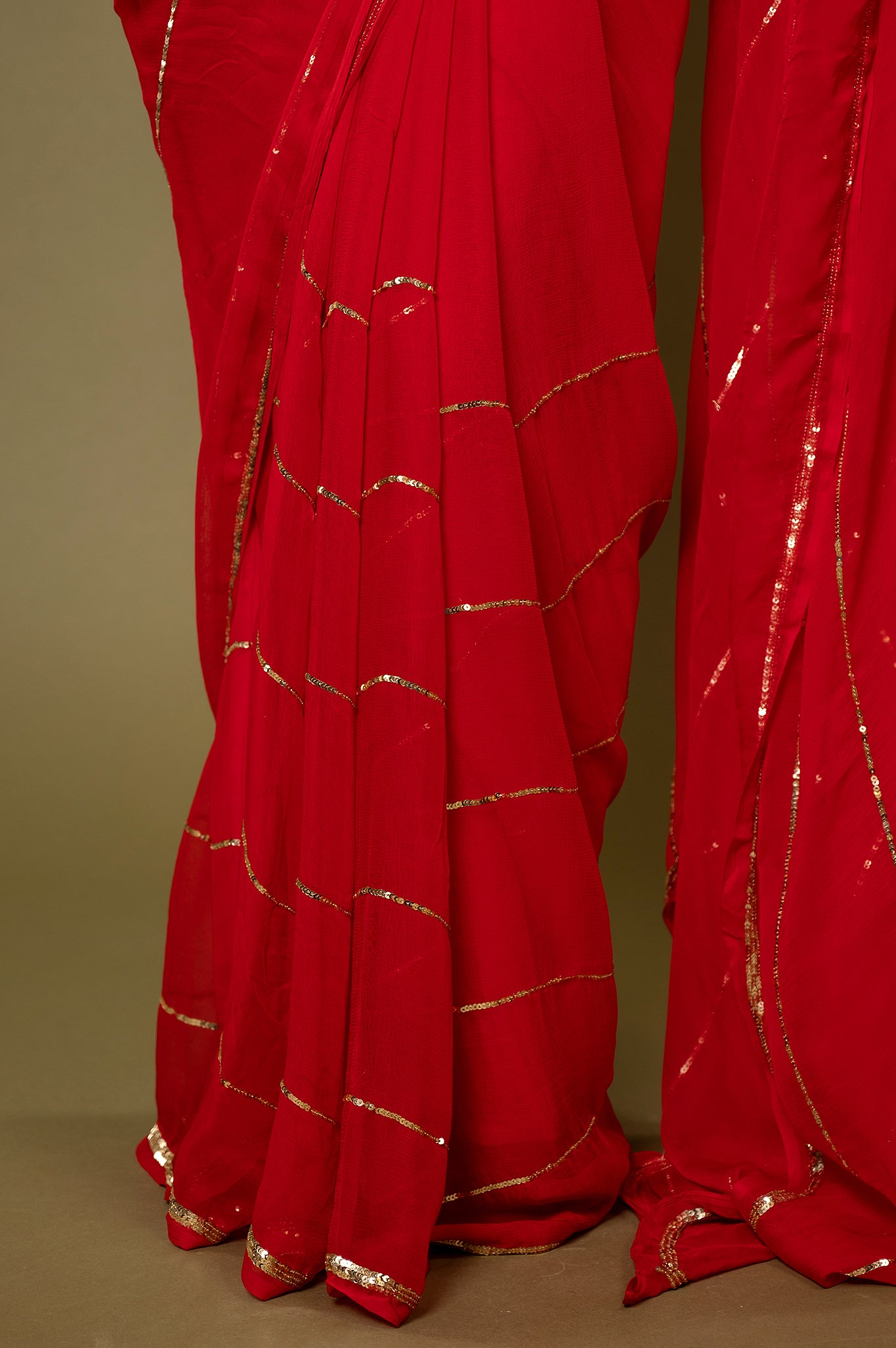 Red viscose chiffon sequins handwork casual wear saree