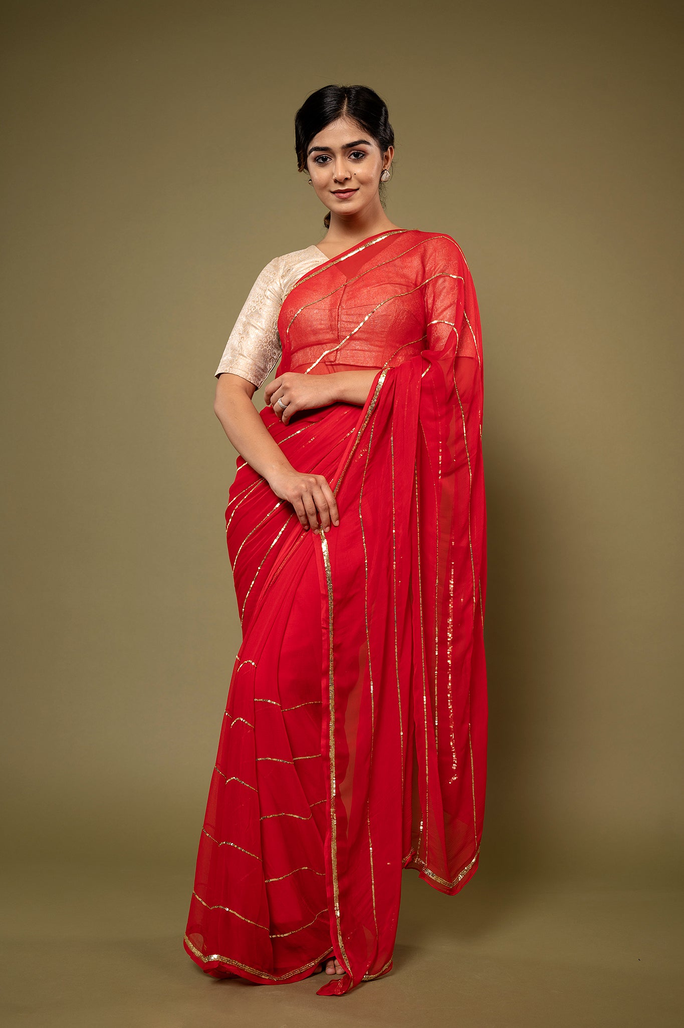 Red viscose chiffon sequins handwork casual wear saree