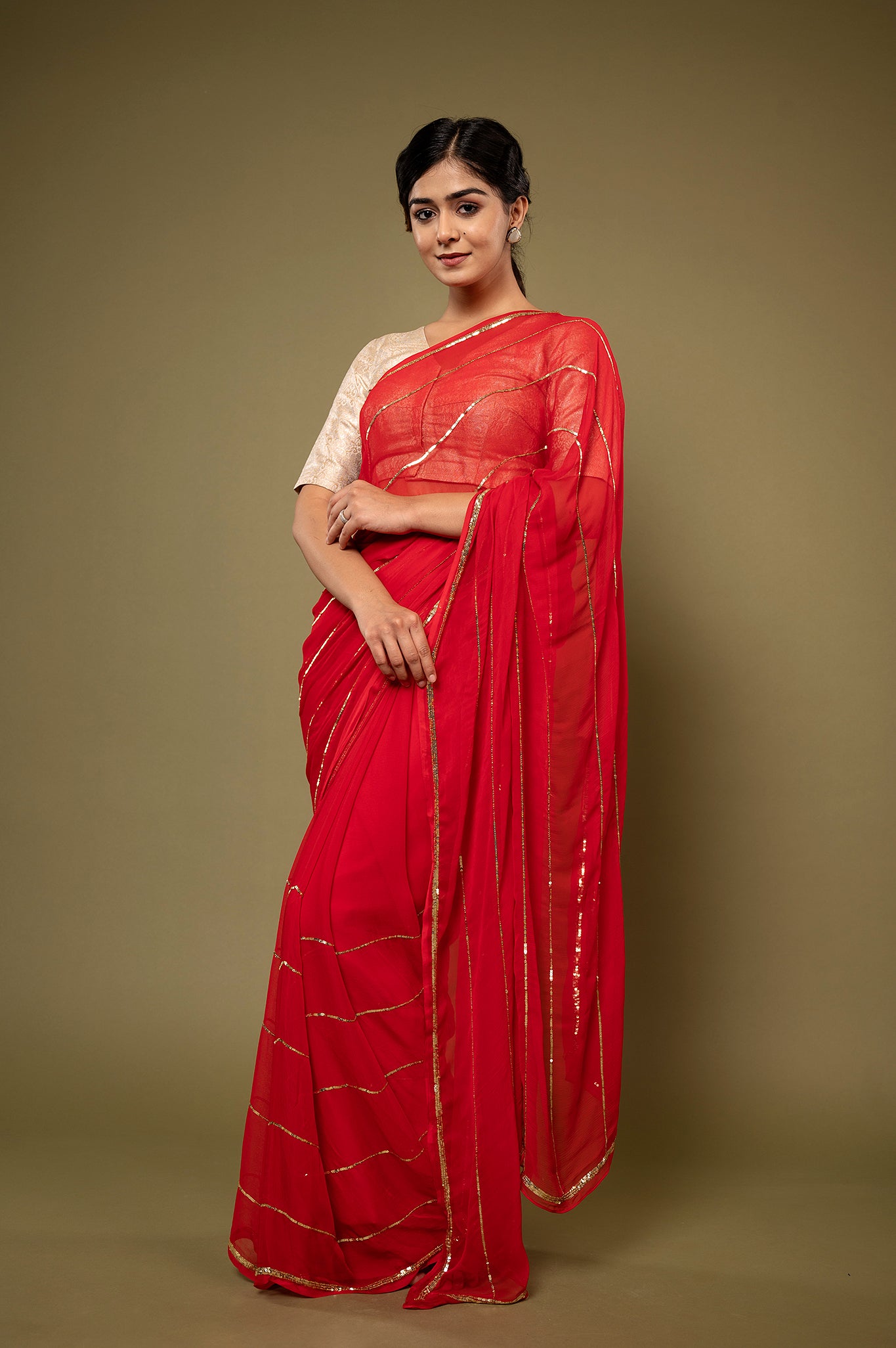 Red viscose chiffon sequins handwork casual wear saree