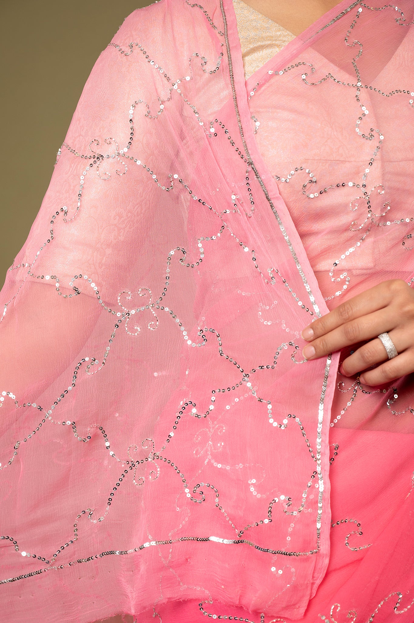 Pink light dark viscose chiffon Sequins jaal handwork casual wear saree