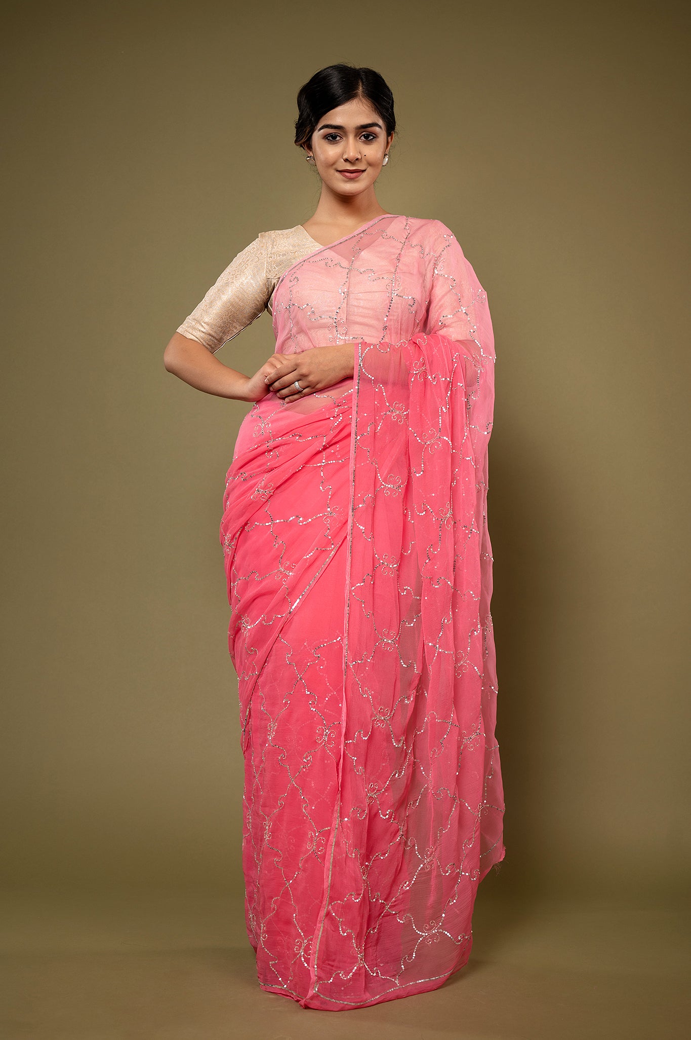 Pink light dark viscose chiffon Sequins jaal handwork casual wear saree