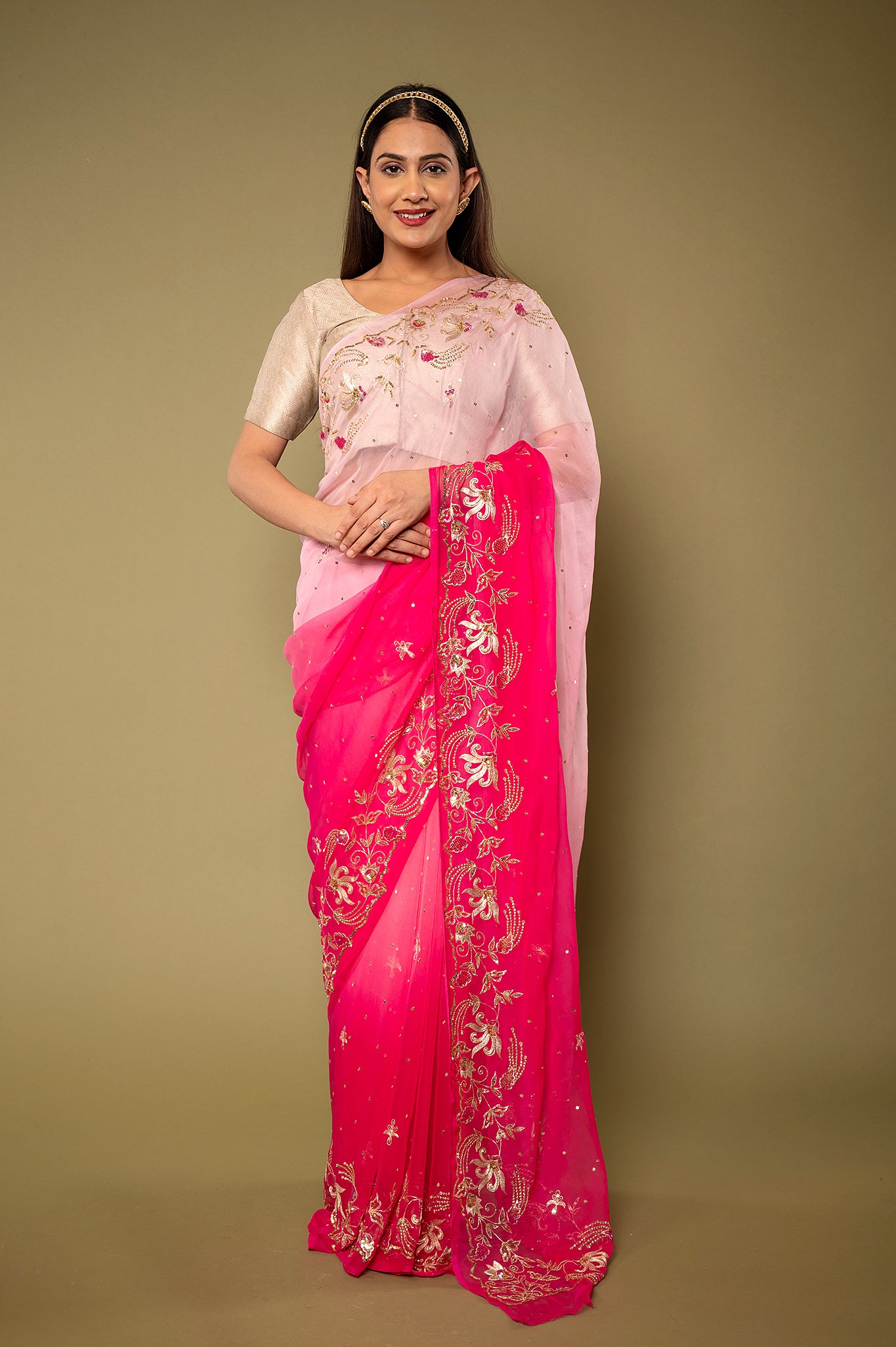 Pink light dark viscose chiffon aari sequins handwork party wear saree