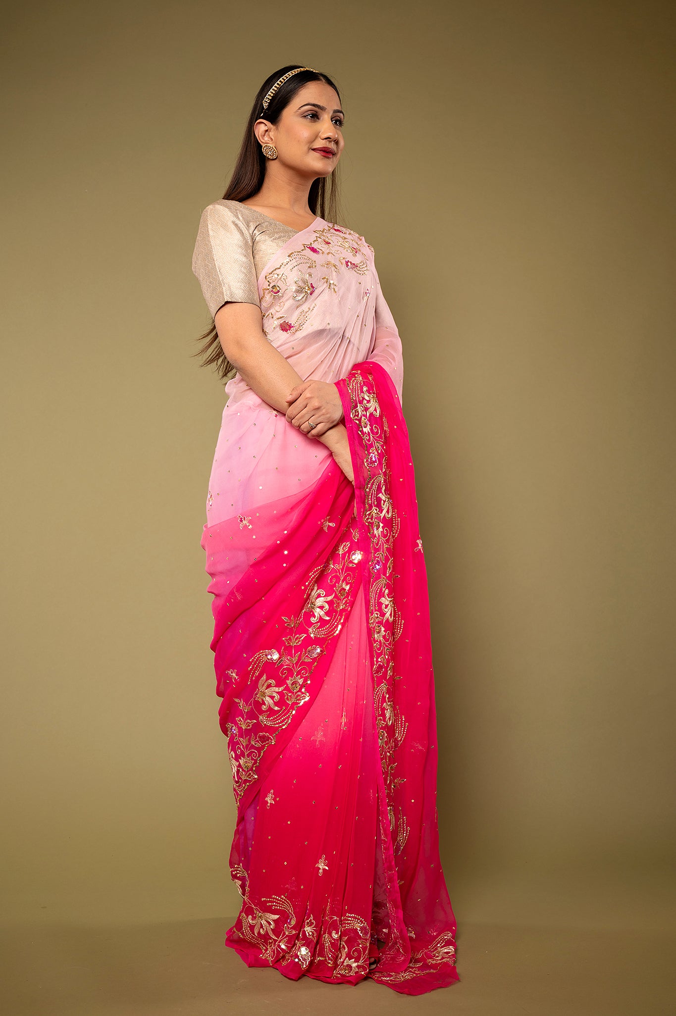 Pink light dark viscose chiffon aari sequins handwork party wear saree