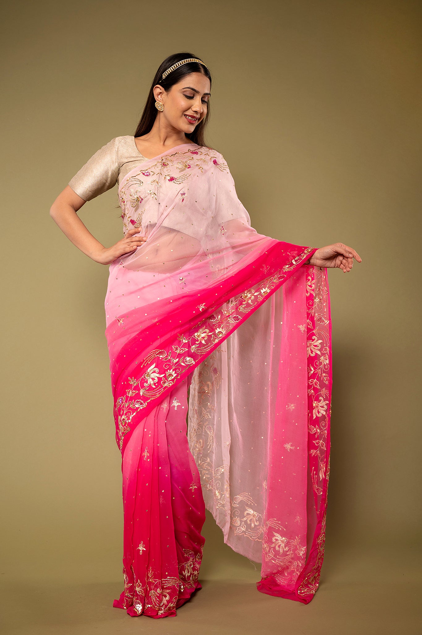 Pink light dark viscose chiffon aari sequins handwork party wear saree