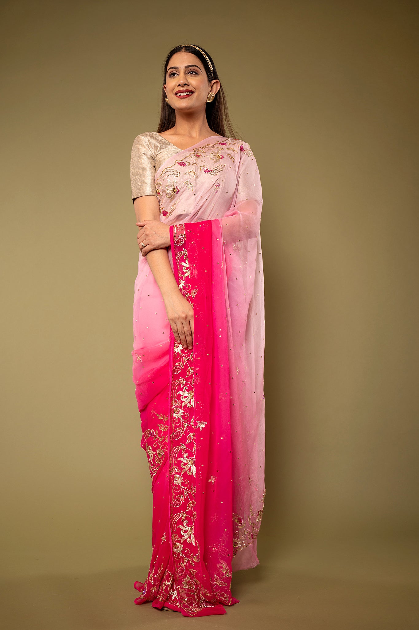 Pink light dark viscose chiffon aari sequins handwork party wear saree