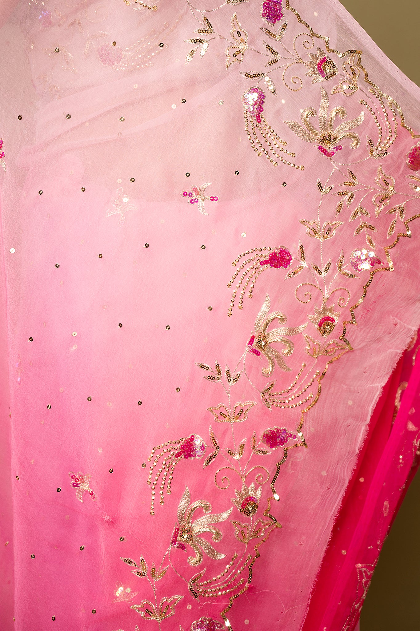 Pink light dark viscose chiffon aari sequins handwork party wear saree