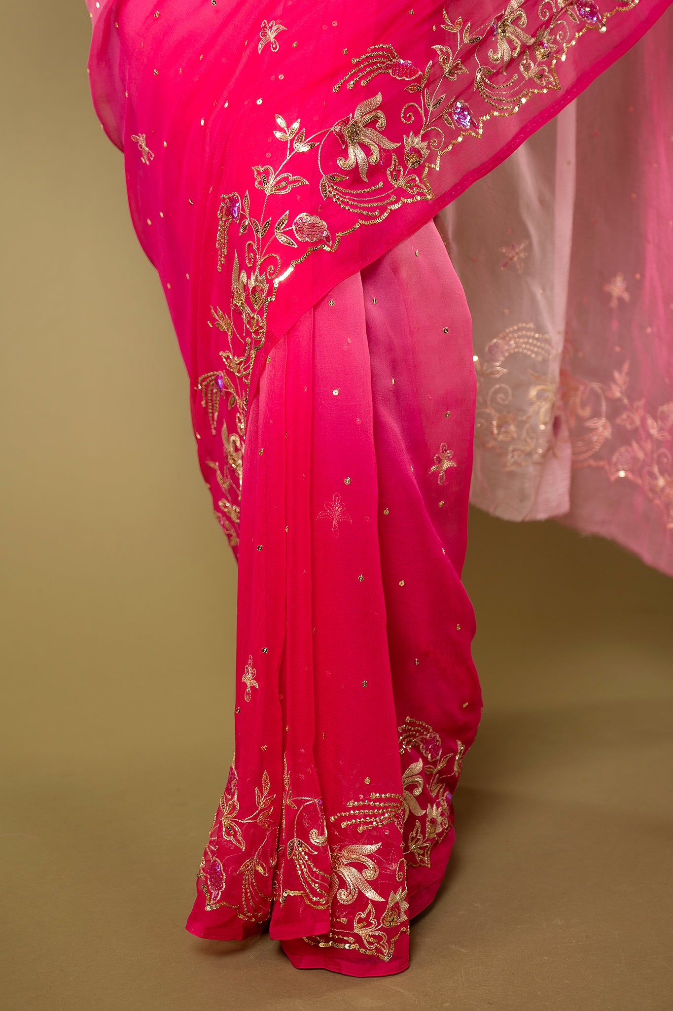 Pink light dark viscose chiffon aari sequins handwork party wear saree