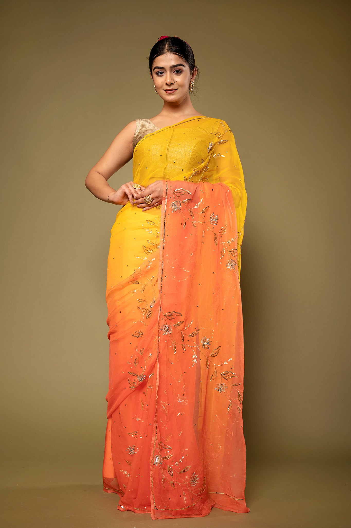 Orange yellow light dark viscose chiffon aari sequins handwork casual wear saree
