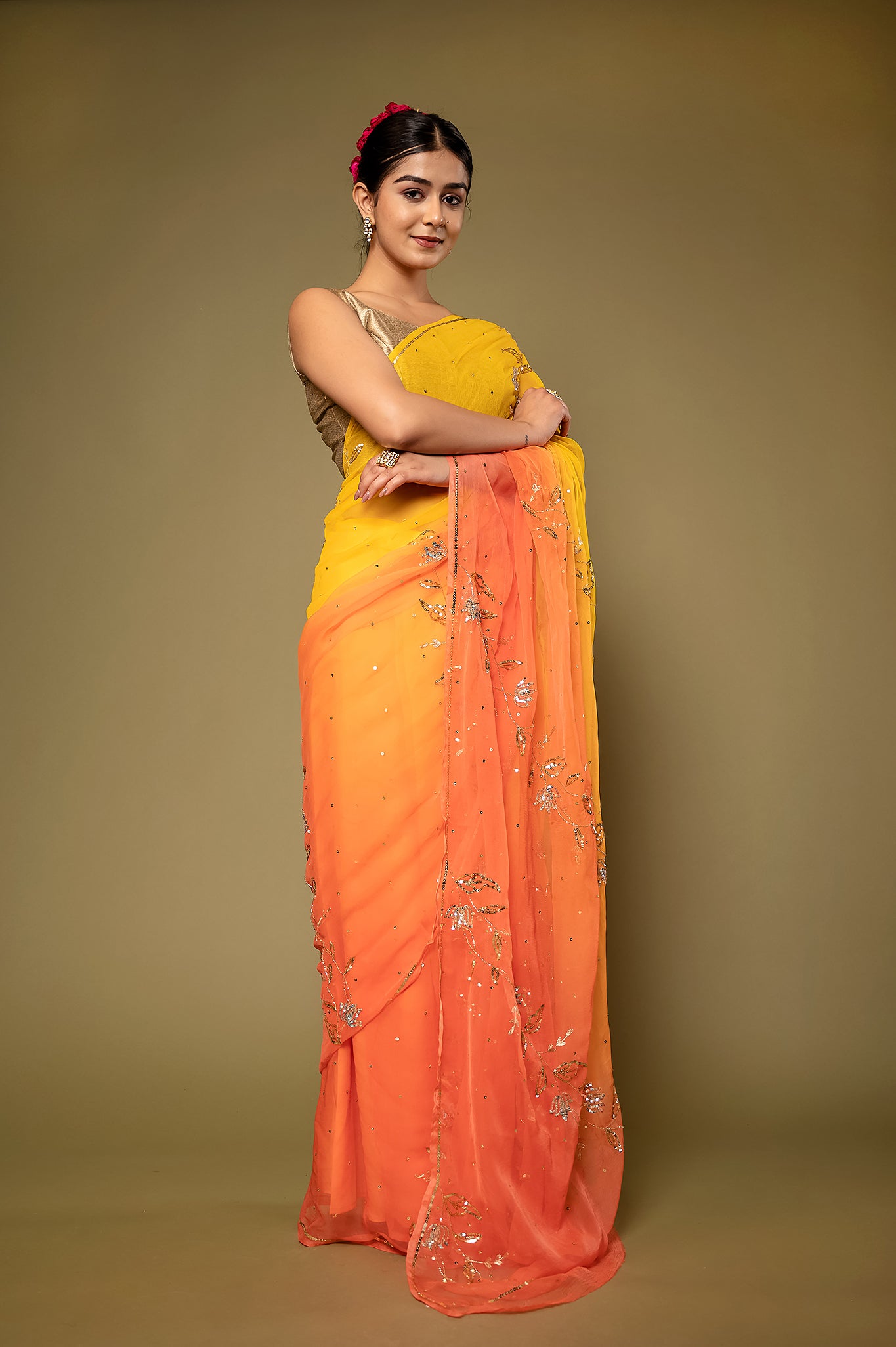 Orange yellow light dark viscose chiffon aari sequins handwork casual wear saree