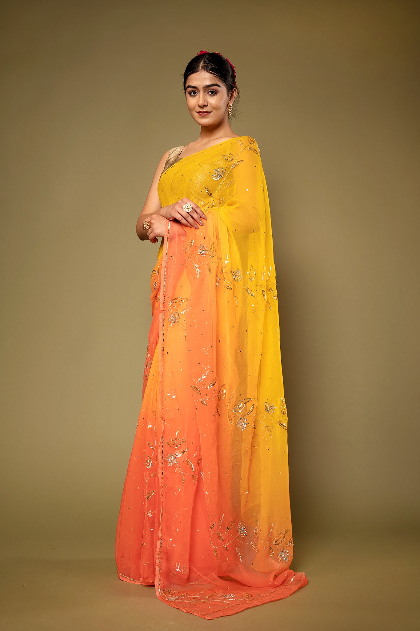 Orange yellow light dark viscose chiffon aari sequins handwork casual wear saree