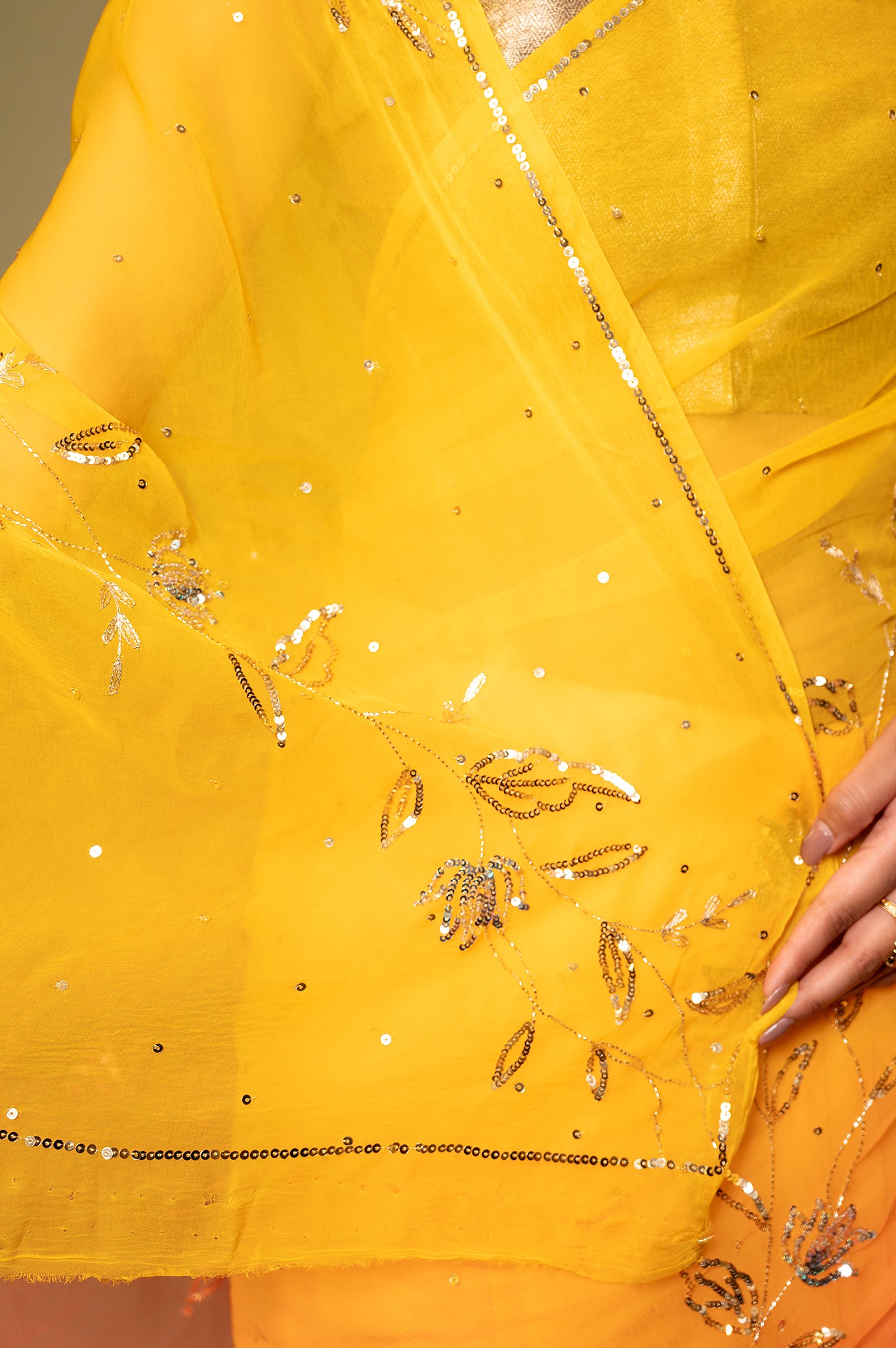 Orange yellow light dark viscose chiffon aari sequins handwork casual wear saree