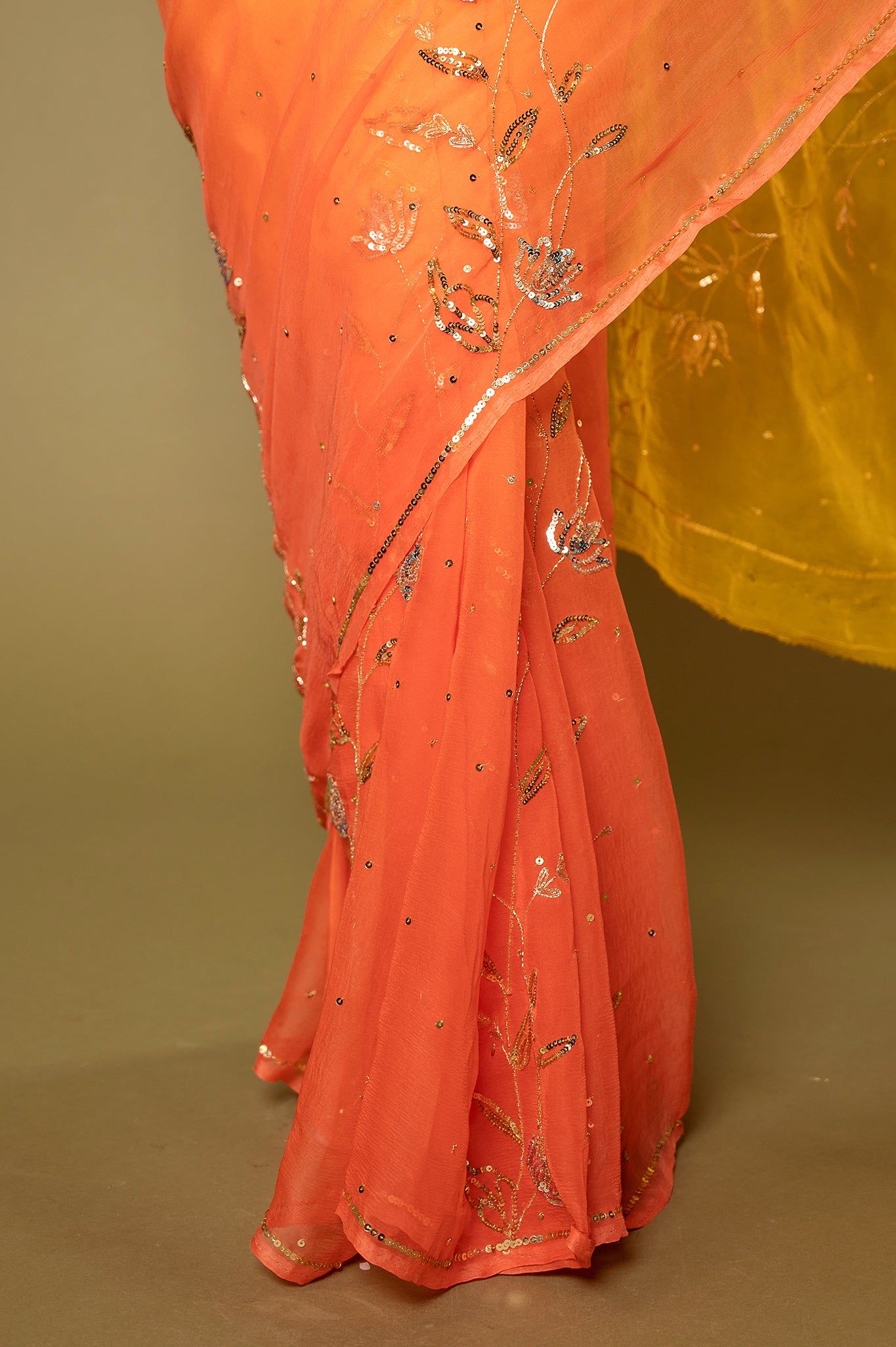 Orange yellow light dark viscose chiffon aari sequins handwork casual wear saree
