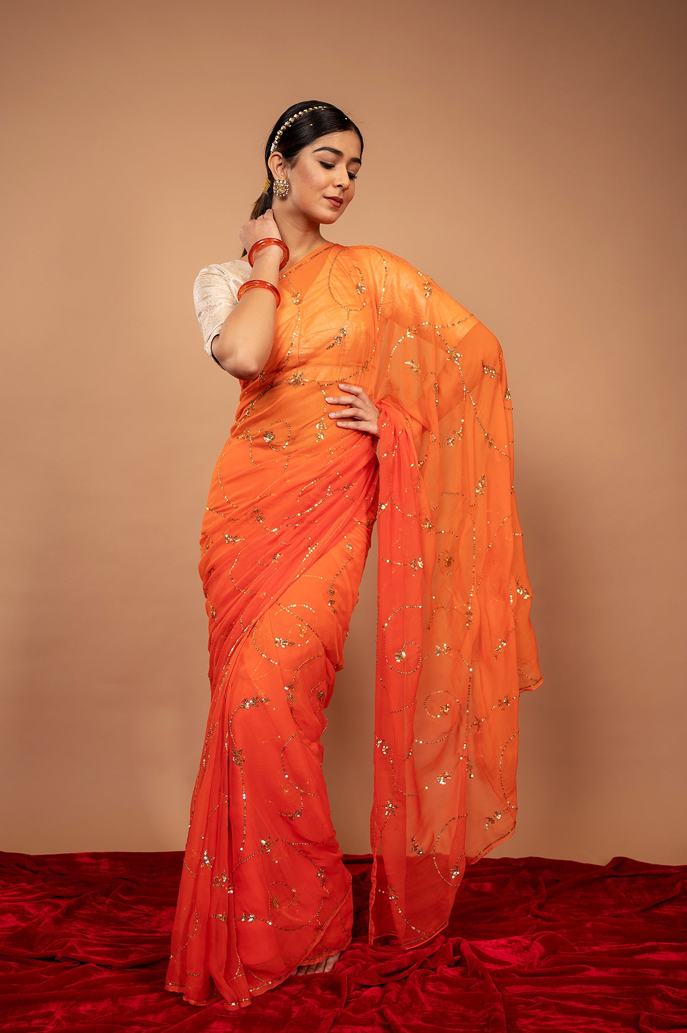 Orange viscose chiffon Sequins jaal handwork casual wear saree