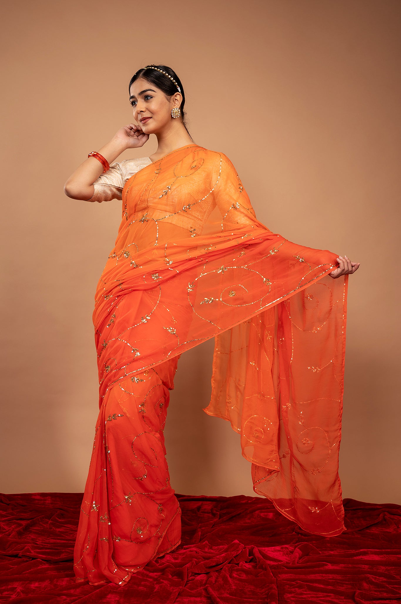 Orange viscose chiffon Sequins jaal handwork casual wear saree