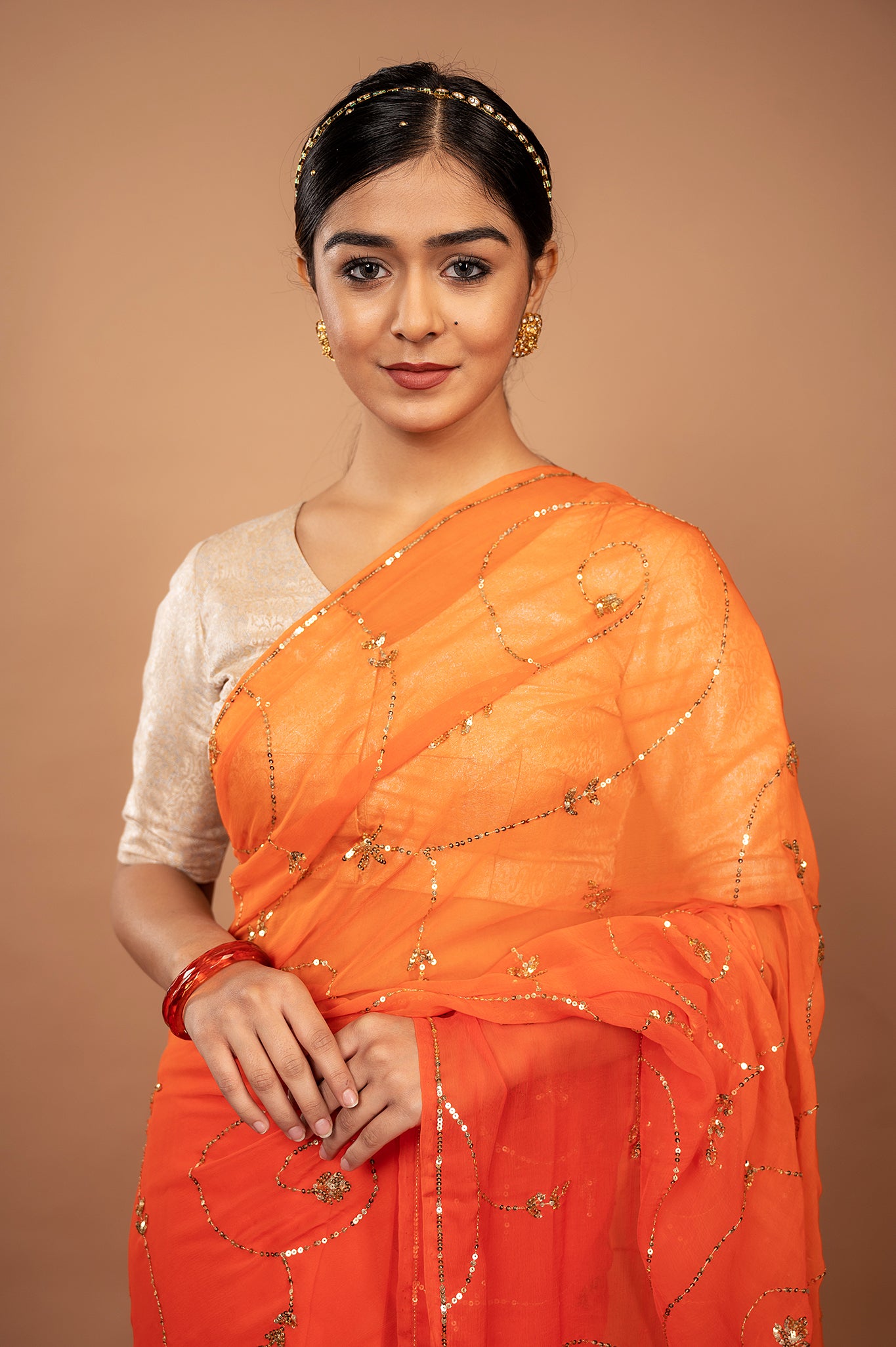 Orange viscose chiffon Sequins jaal handwork casual wear saree
