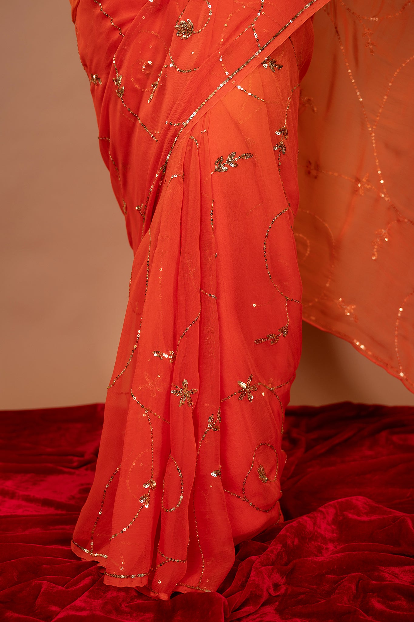 Orange viscose chiffon Sequins jaal handwork casual wear saree