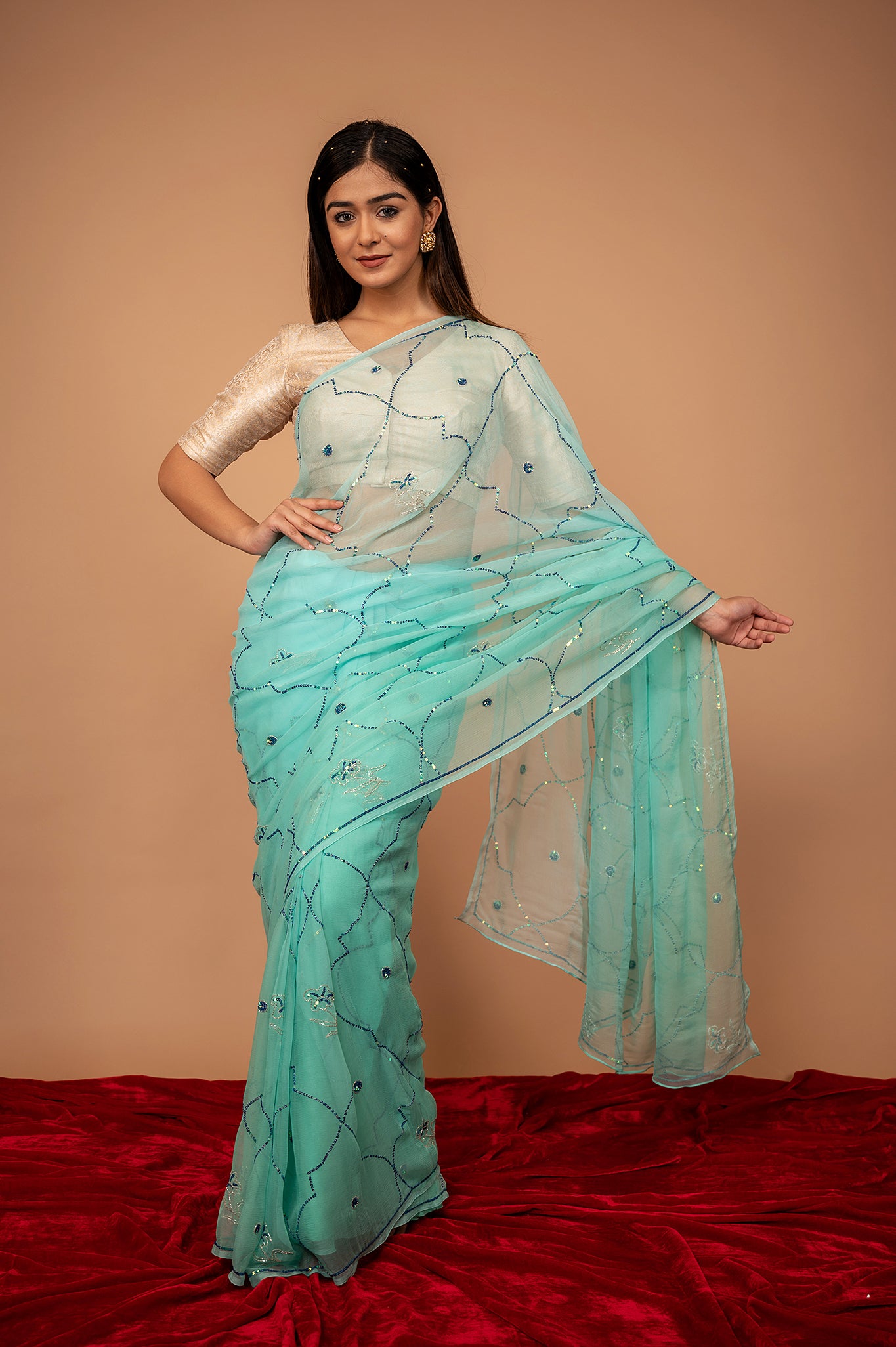 Sea Green viscose chiffon sequins jaal handwork casual wear saree