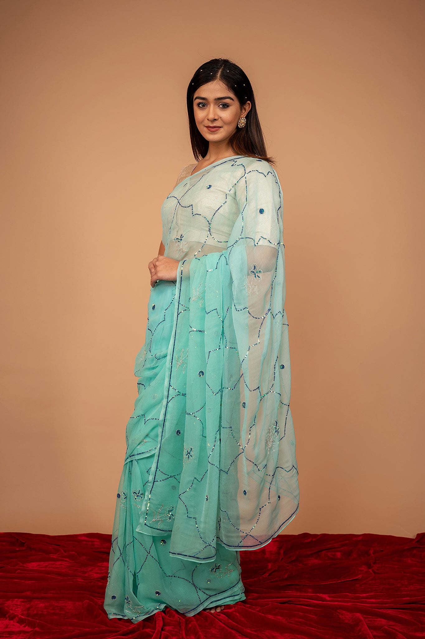 Sea Green viscose chiffon sequins jaal handwork casual wear saree