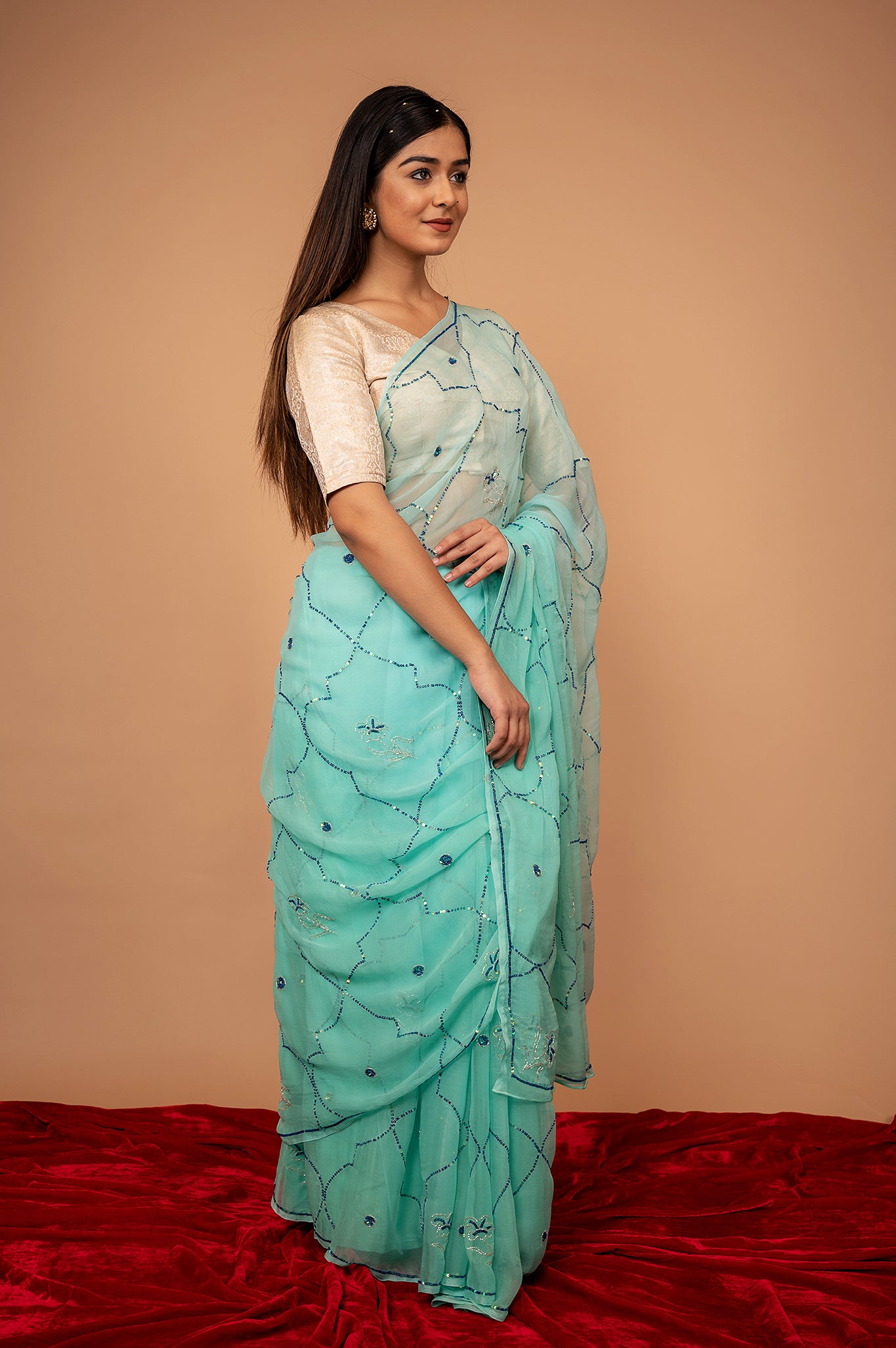 Sea Green viscose chiffon sequins jaal handwork casual wear saree