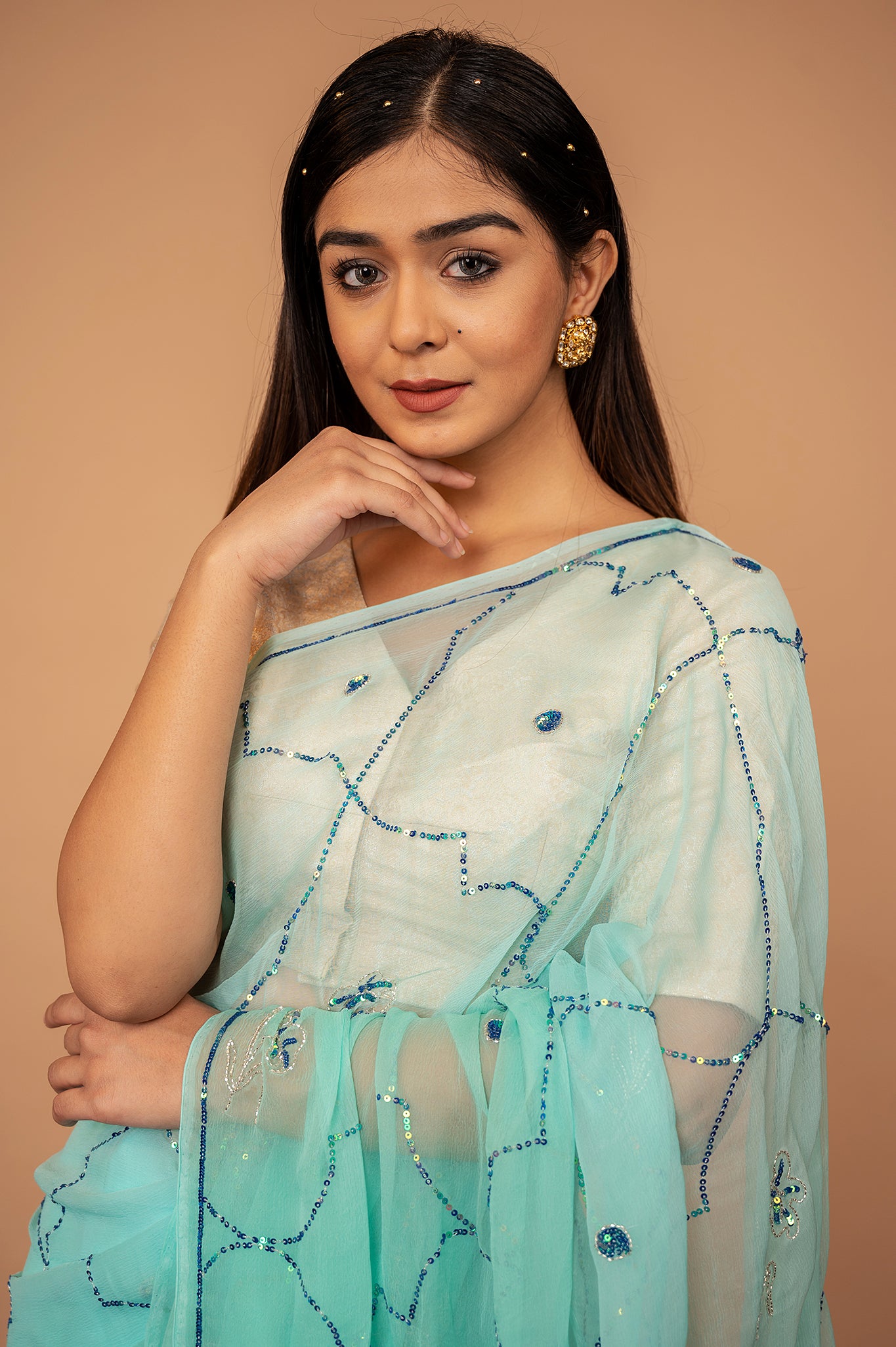 Sea Green viscose chiffon sequins jaal handwork casual wear saree