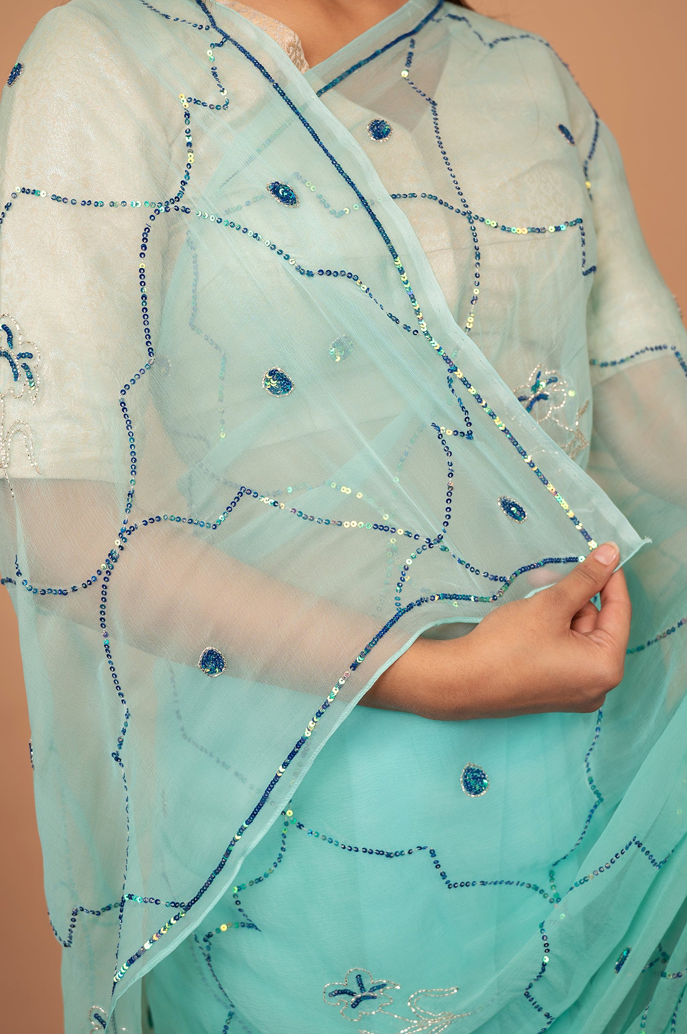 Sea Green viscose chiffon sequins jaal handwork casual wear saree
